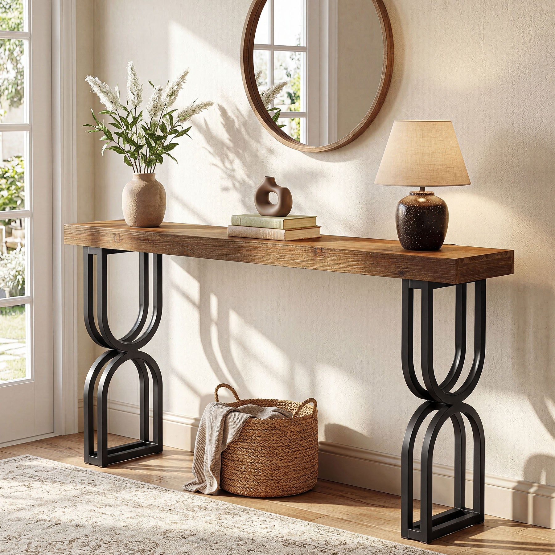 59" Solid Wood Console Table, Narrow Sofa Table with Metal U-Shaped Legs, Industrial Entryway Table for Hallway & Living Room