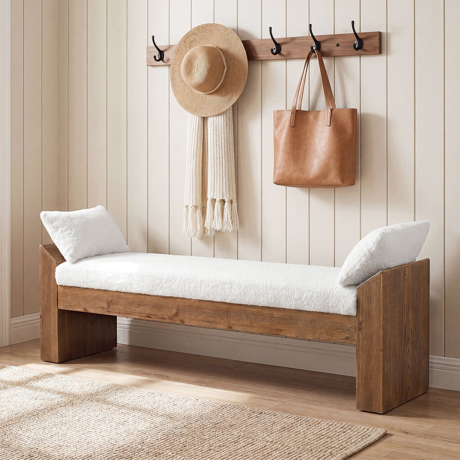 63" Solid Wood Entryway Bench with Sherpa Cushion & 2 Removable Pillows, Upholstered Farmhouse Shoe Bench