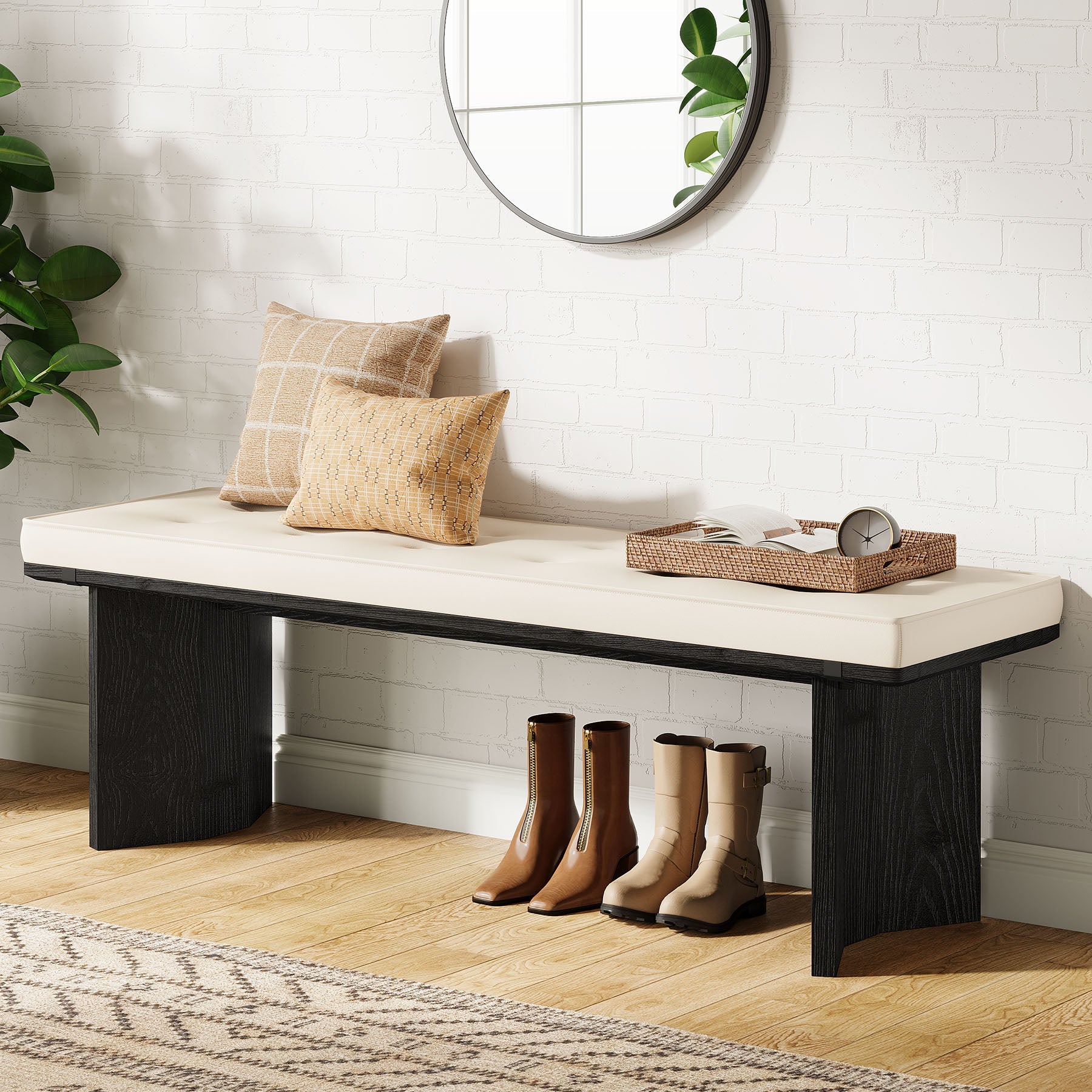 Solid Wood Entryway Bench, 55" Shoe Bench with Removable Cushion