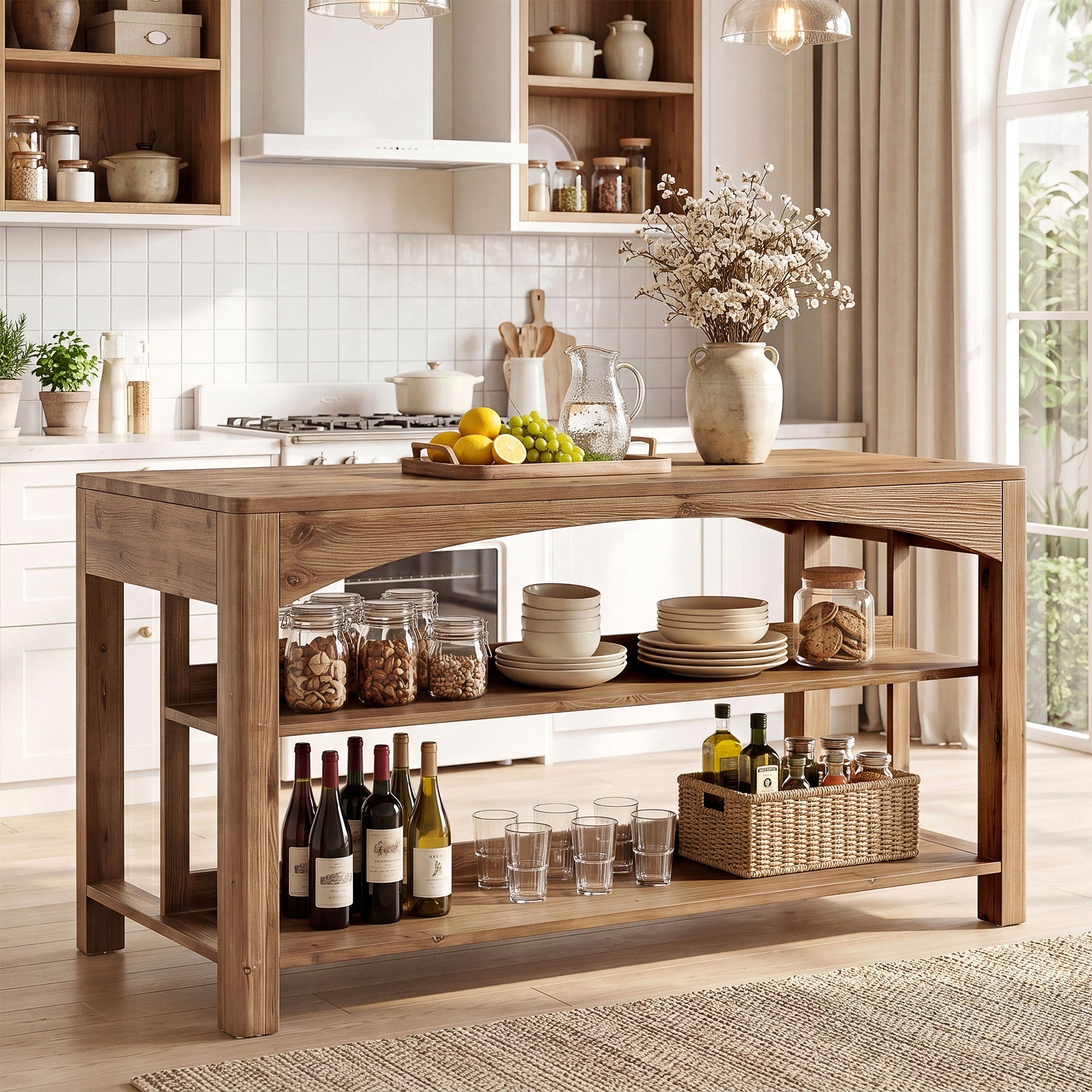 Tribesigns 59-Inch Kitchen Island, Solid Wood Island Table with 3-Tier Storage for Kitchen Dining Room
