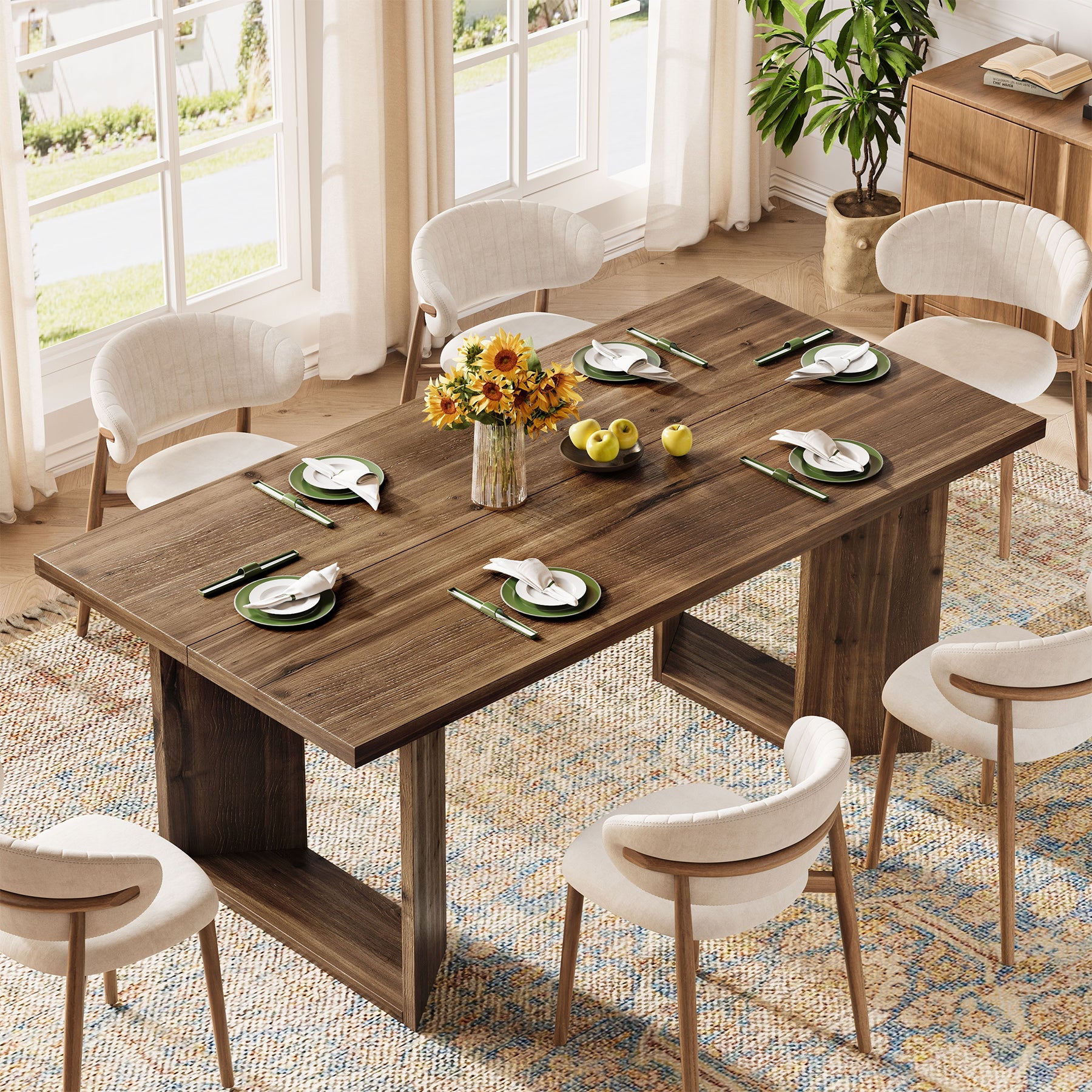 63" Solid Wood Dining Table, Rectangle Kitchen Table with U-Shaped Frames for 4-6