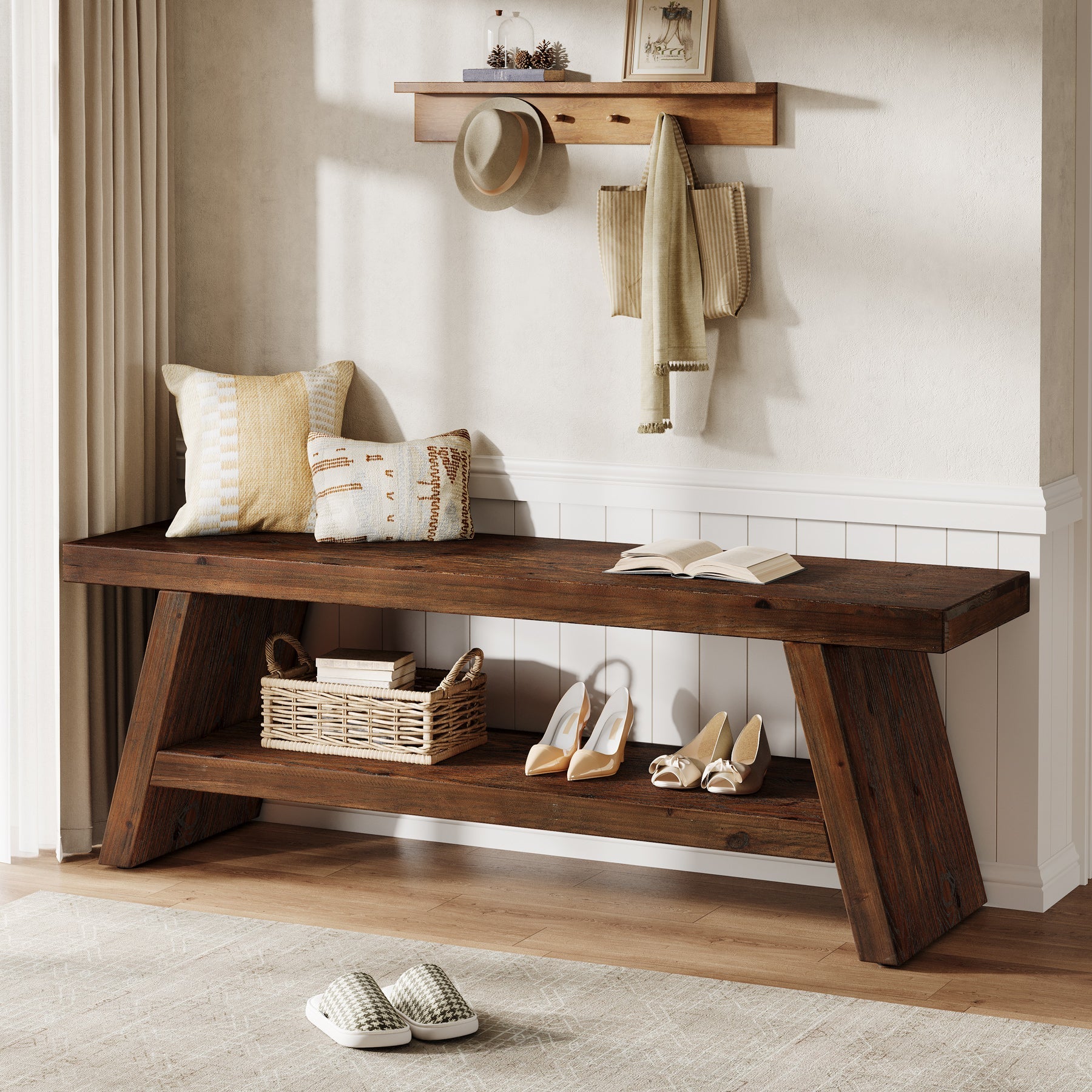 2-Tier Solid Wood Entryway Bench with Open Storage, Wooden Shoe Bench for Hallway & Foyer