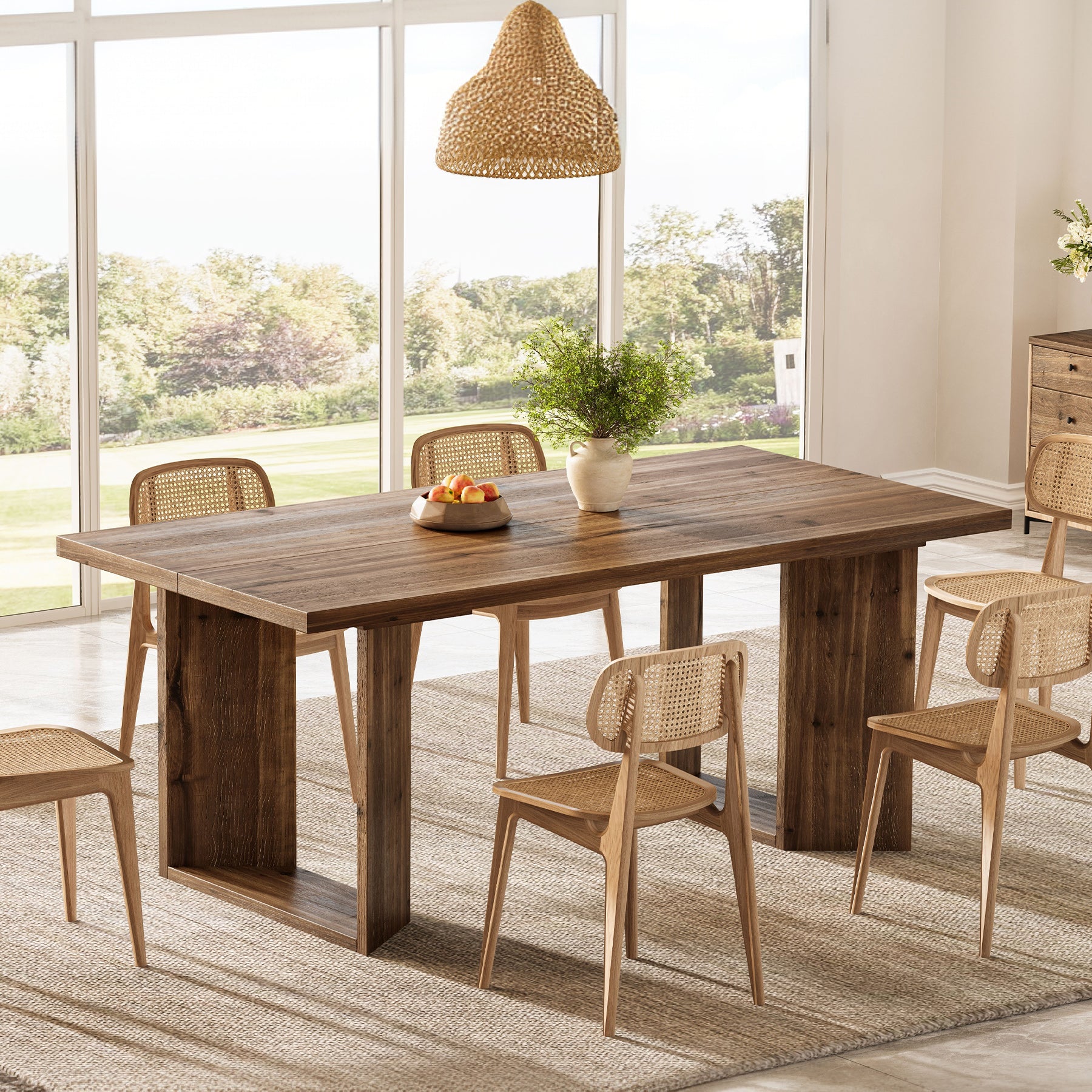 63" Solid Wood Dining Table, Rectangle Kitchen Table with U-Shaped Frames for 4-6
