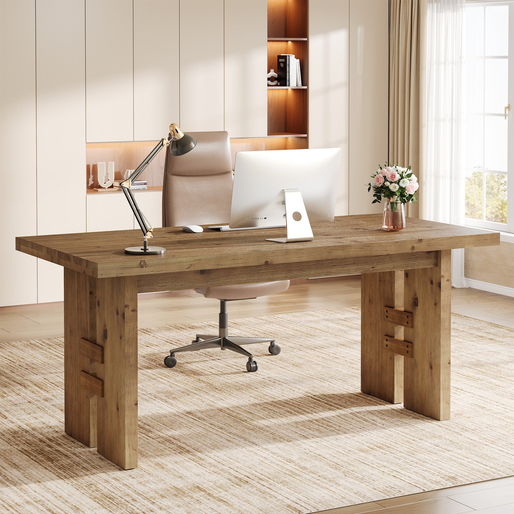 63" Solid Wood Executive Desk, Farmhouse Office Computer Desk with Large Work Surface