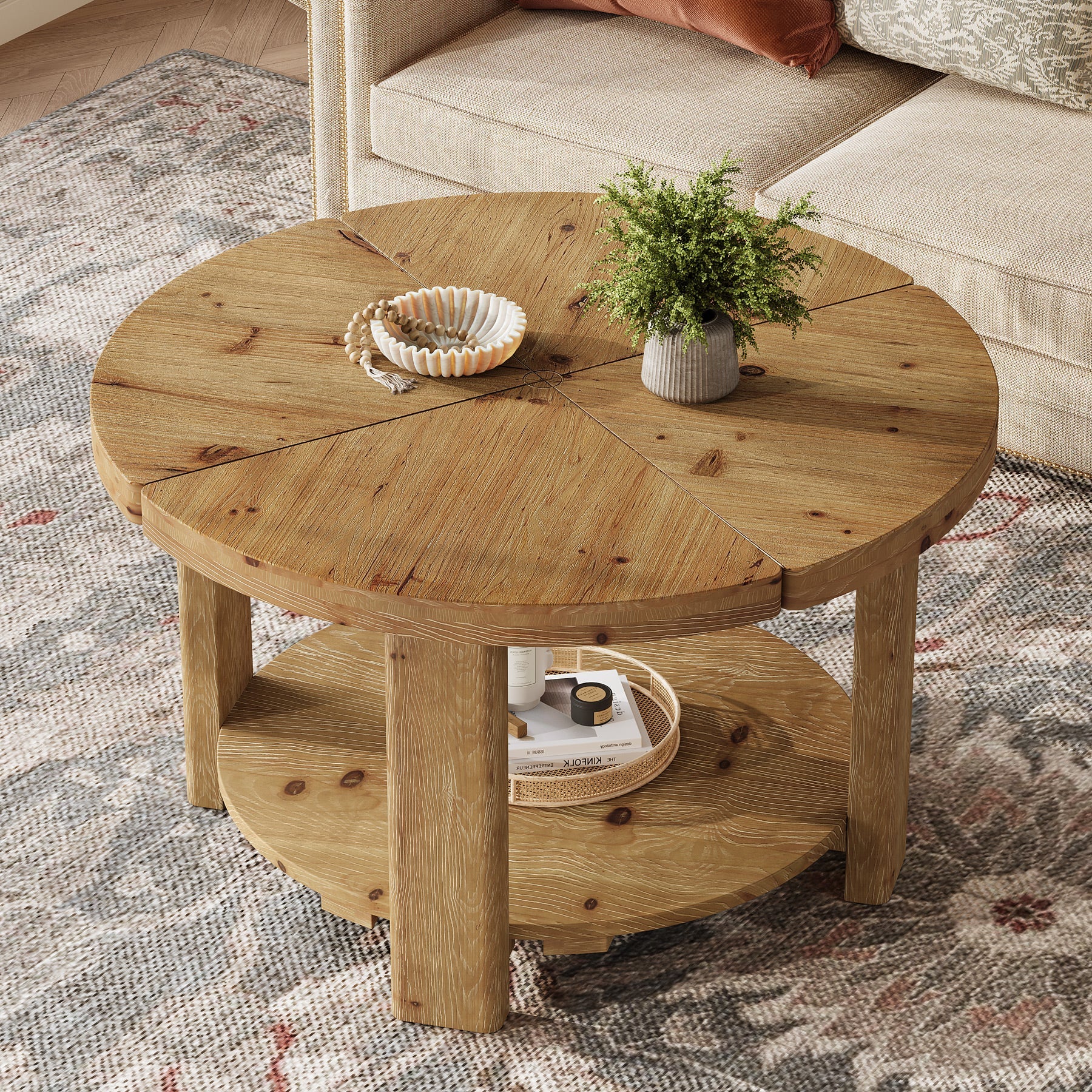 31.5" Solid Wood Coffee Table, Round Center Table with 2-Tier Storage