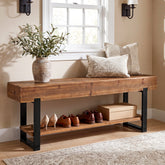 63" Solid Wood Entryway Bench, 2-Tier Shoe Storage Bench with Metal Frame 3