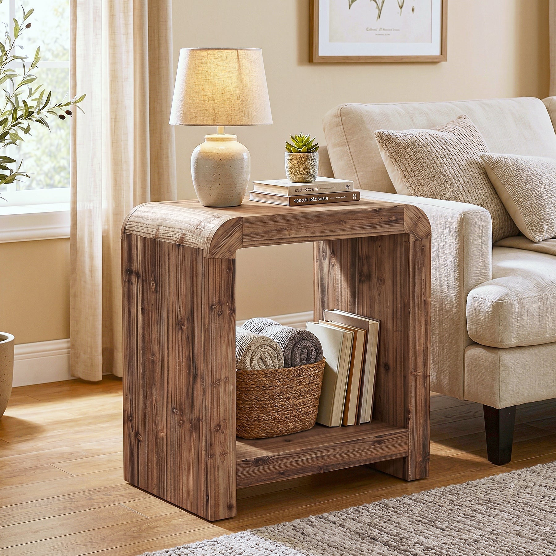 23.62" Solid Wood End Table, 2-Tier Narrow Side Table with Storage for Living Room