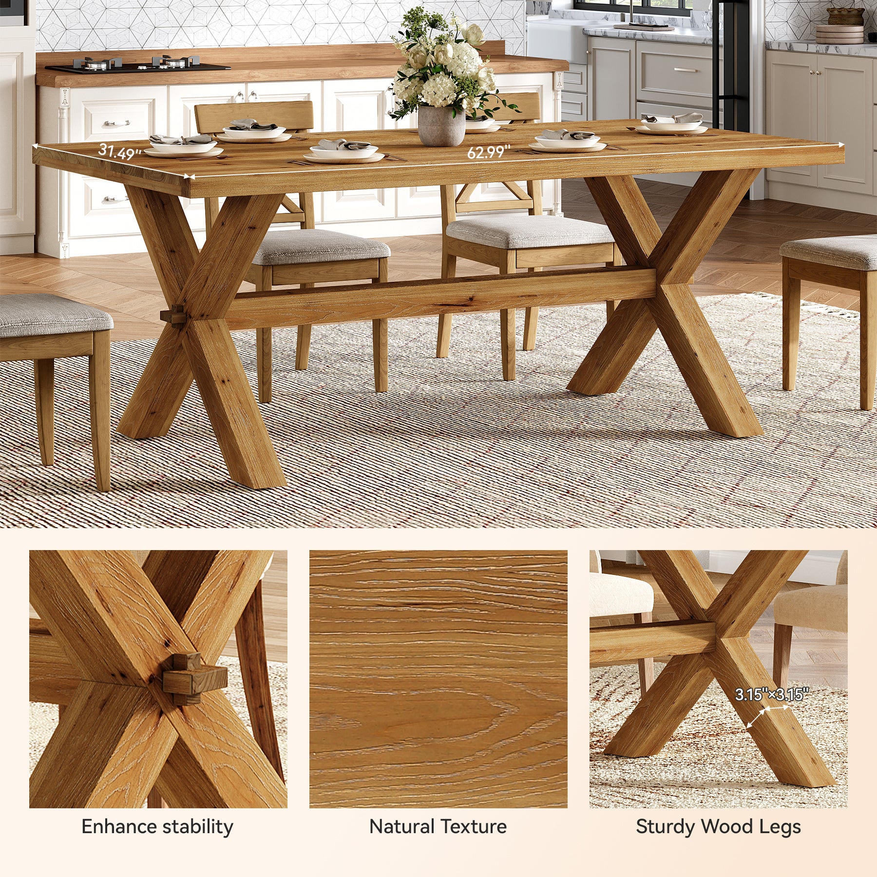 63" Rectangle Dining Table, Farmhouse Solid Wood Kitchen Table with Large Tabletop for 4-6