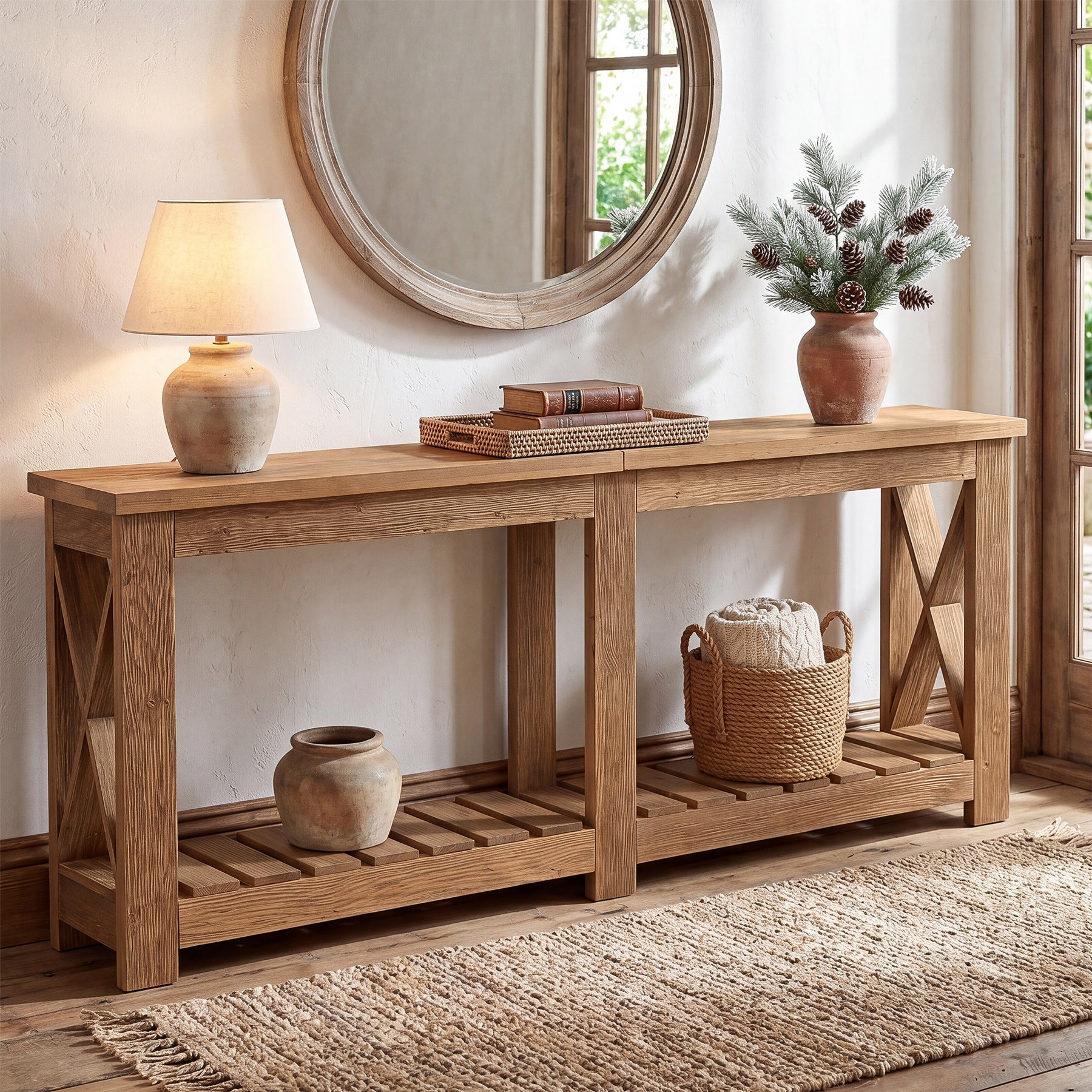71" Solid Wood Farmhouse Console Table with Storage Shelves, Extra Long Sofa Table for Entryway & Hallway