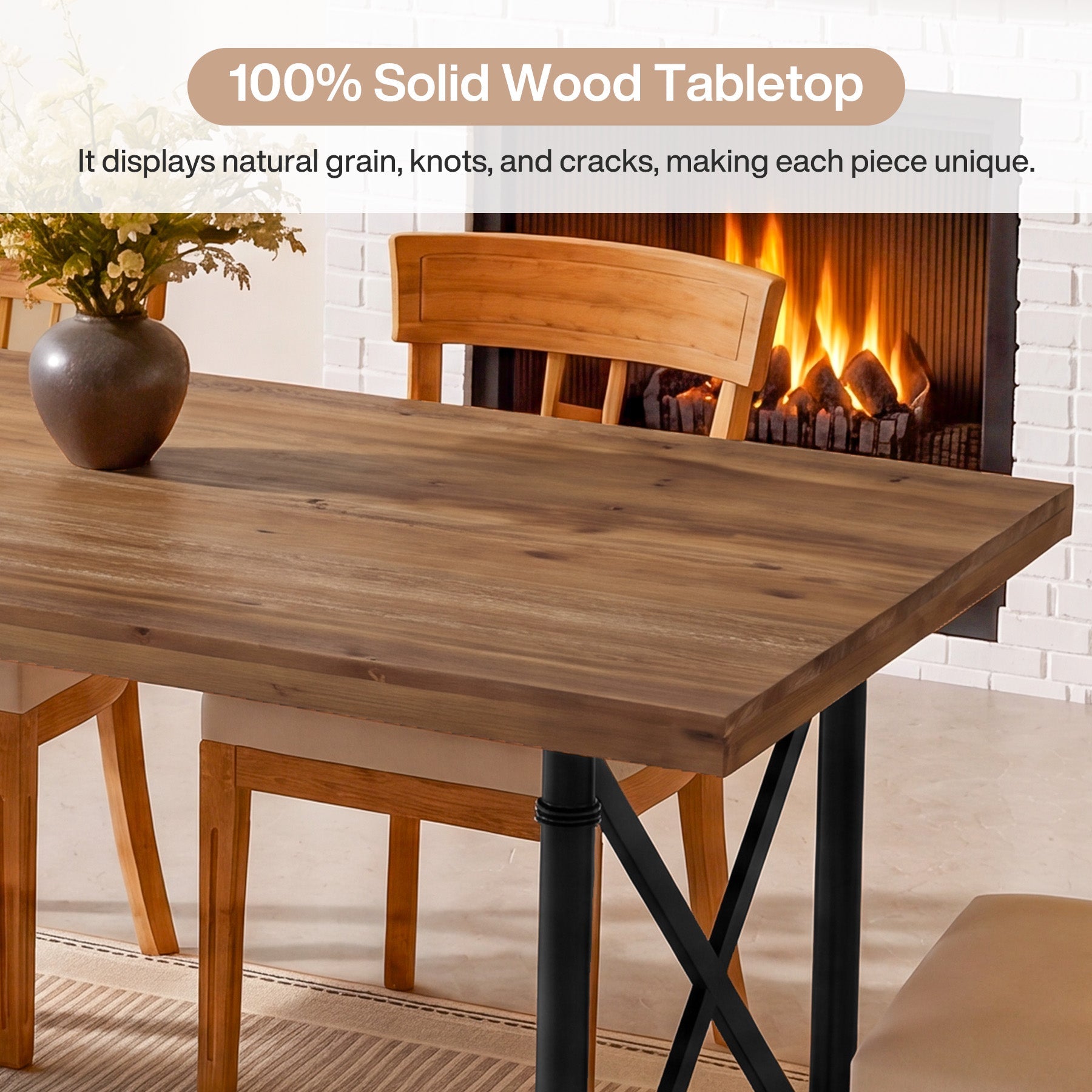 63" Rectangular Dining Table, Solid Wood Kitchen Table with Sturdy X-Shaped Legs for 4-6