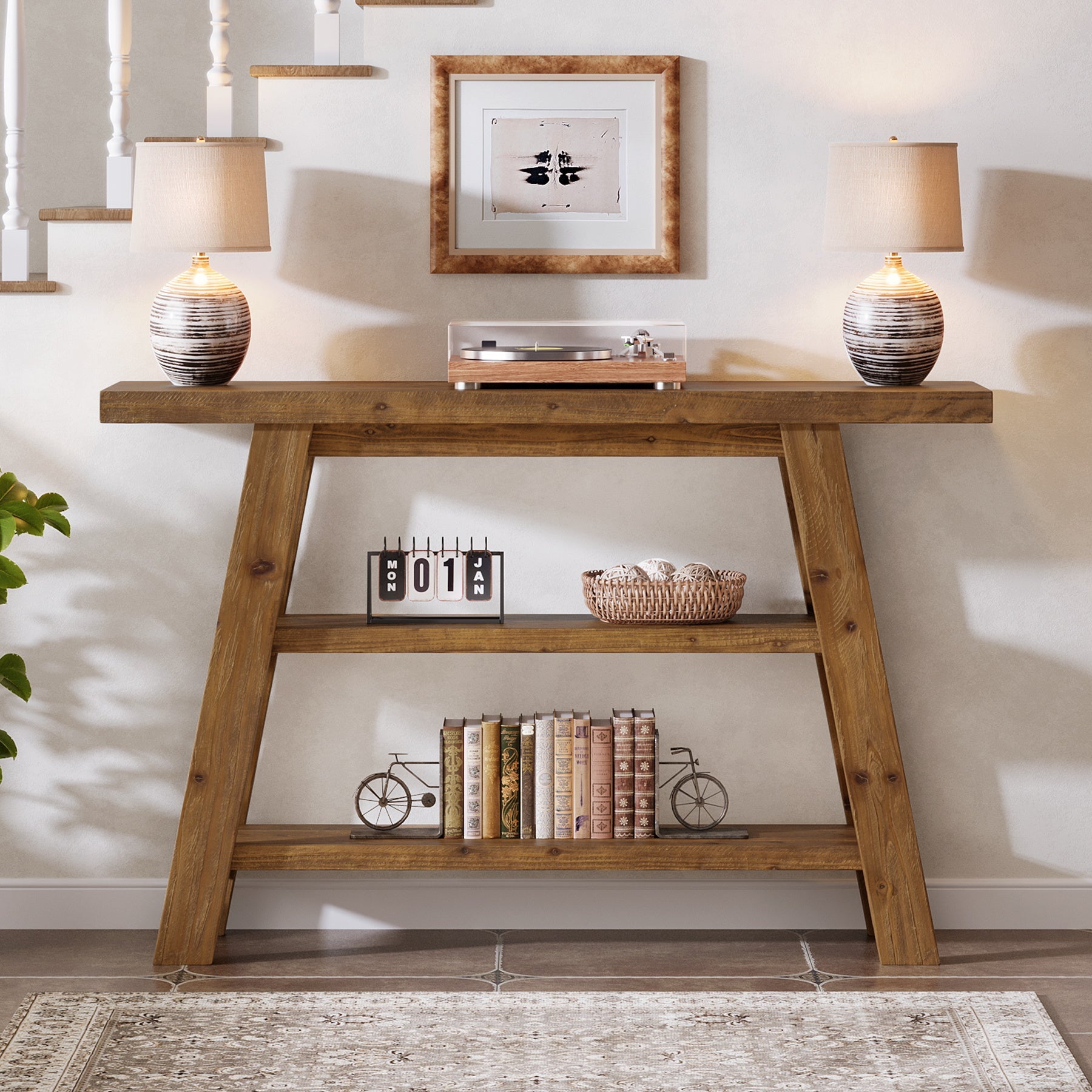 Solid Wood Console Table, 47.24" Farmhouse Entryway Table with 3-Tier Shelves