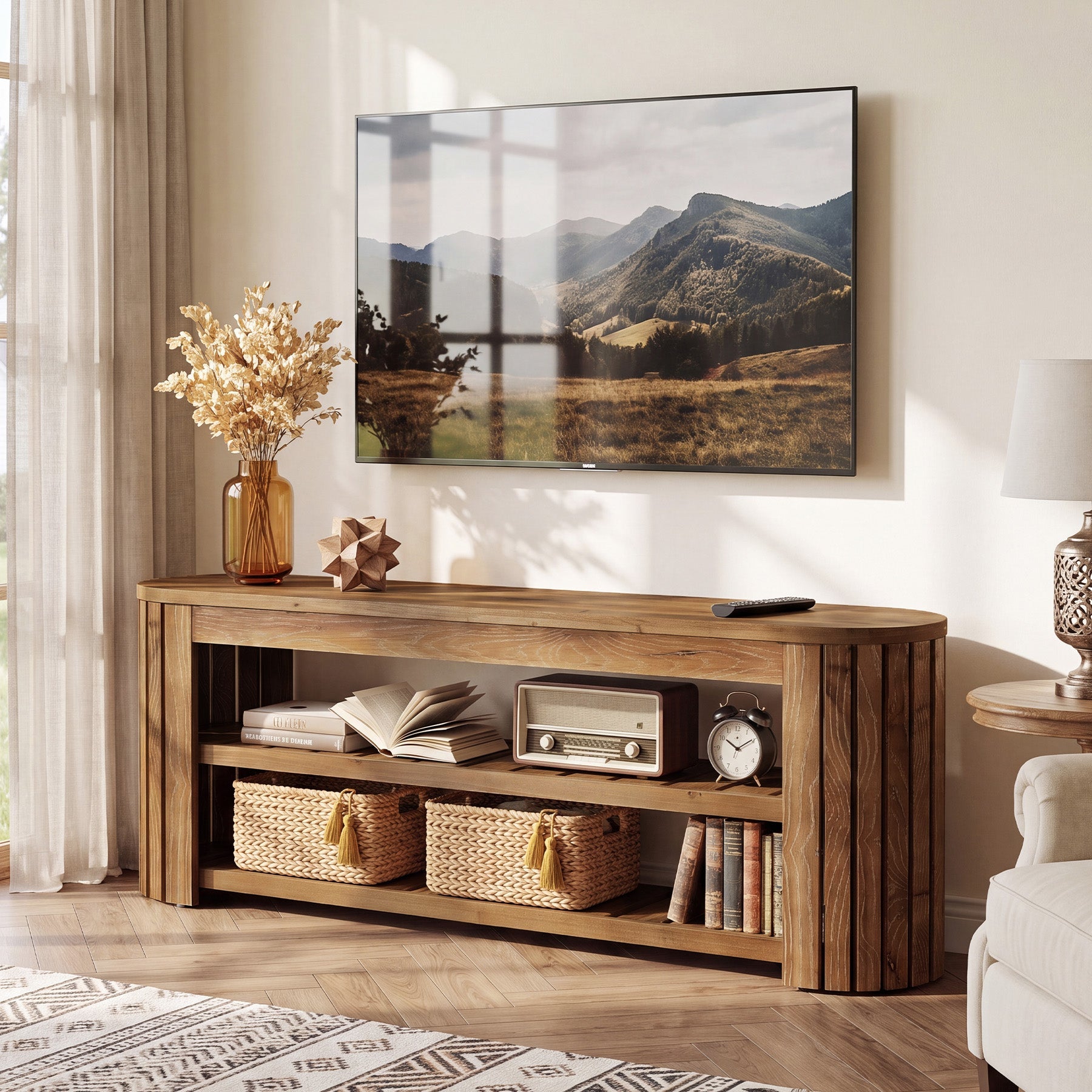 63" Solid Wood TV Stand, Entertainment Center with 2-Tier Shelves for 55/60/65/70-Inch TVs