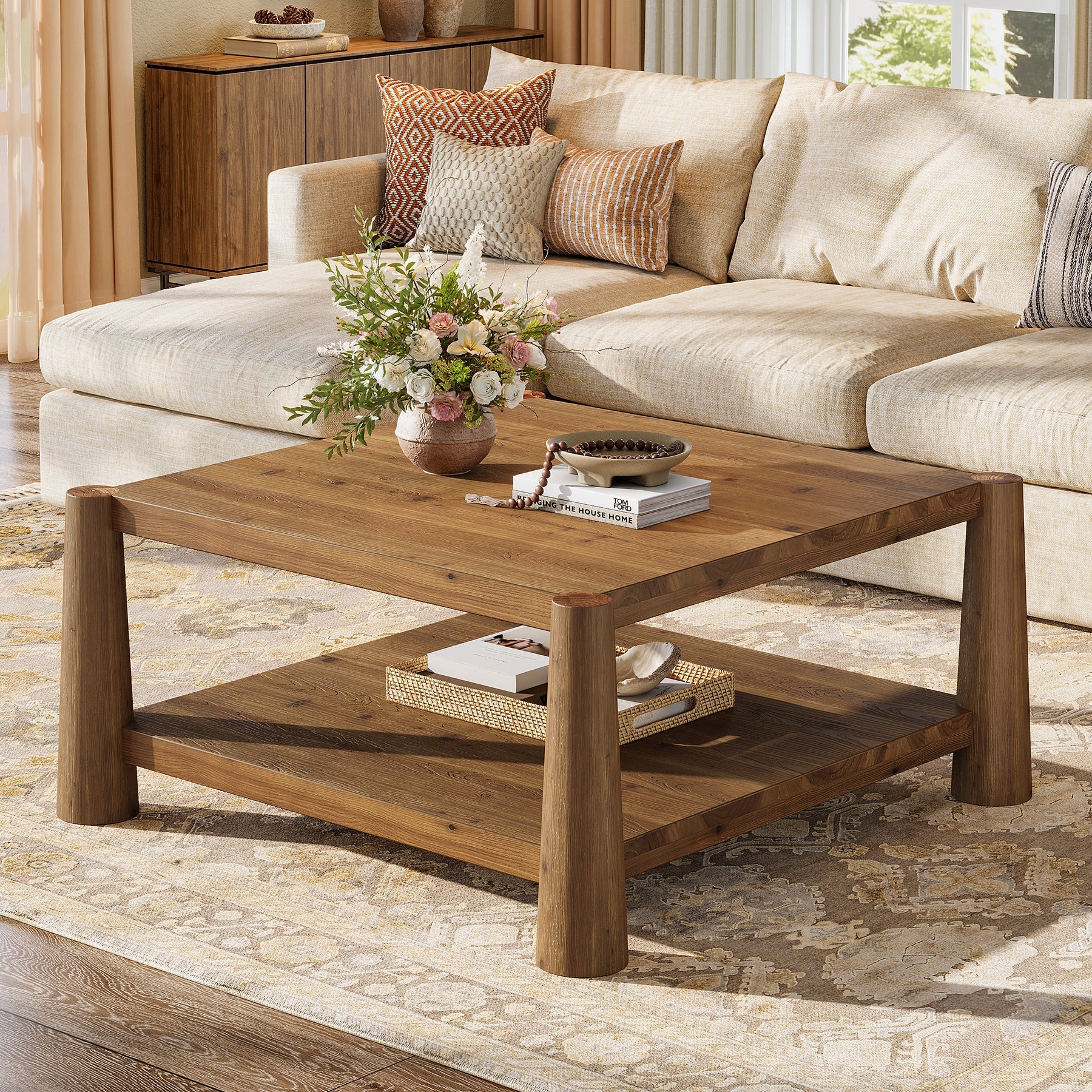 Square Solid Wood Coffee Table, 34" Farmhouse Center Table with 2-Tier Storage