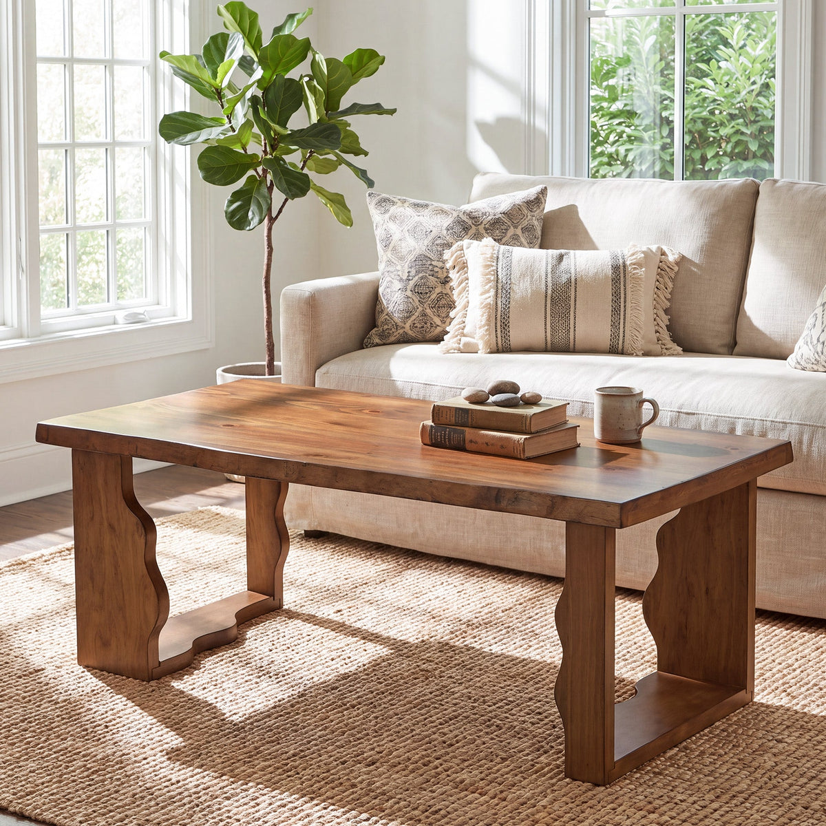 47" Solid Pine Coffee Table, Natural Edge & Cut-Out Legs, Farmhouse Rustic Wood Living Room