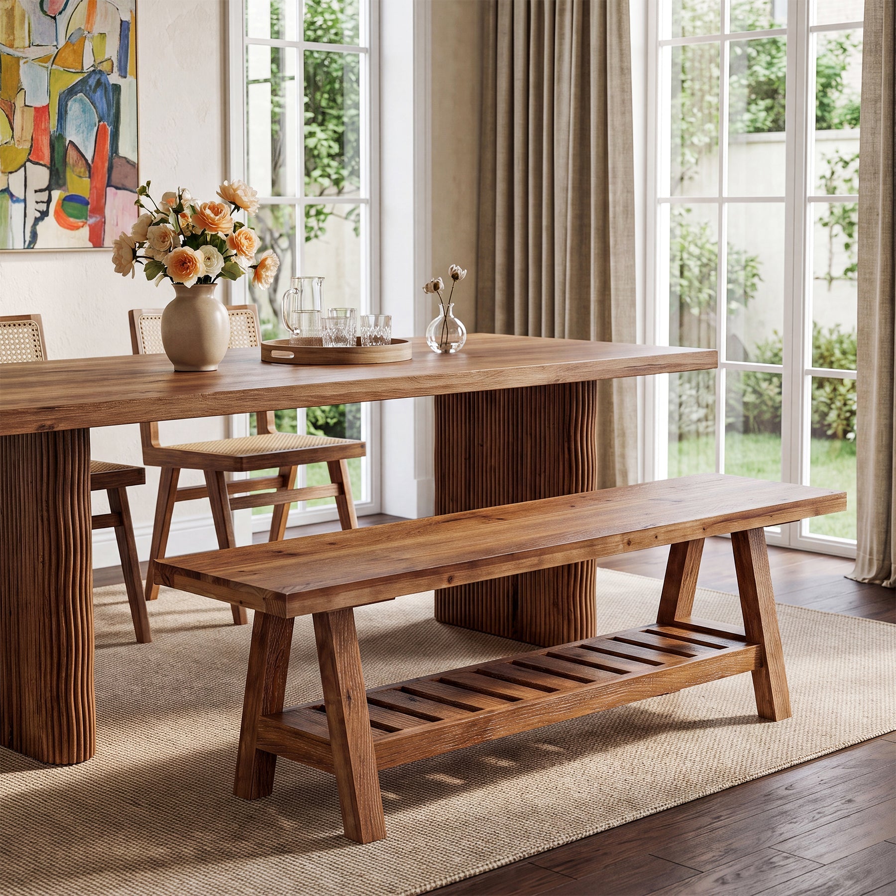 55" Solid Wood Dining Bench, Long 2-Tier Indoor Seating for Dining Room