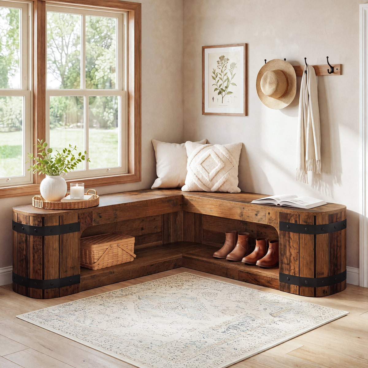47" L-Shaped Solid Wood Shoe Storage Bench, Corner Entryway Shoe Organizer