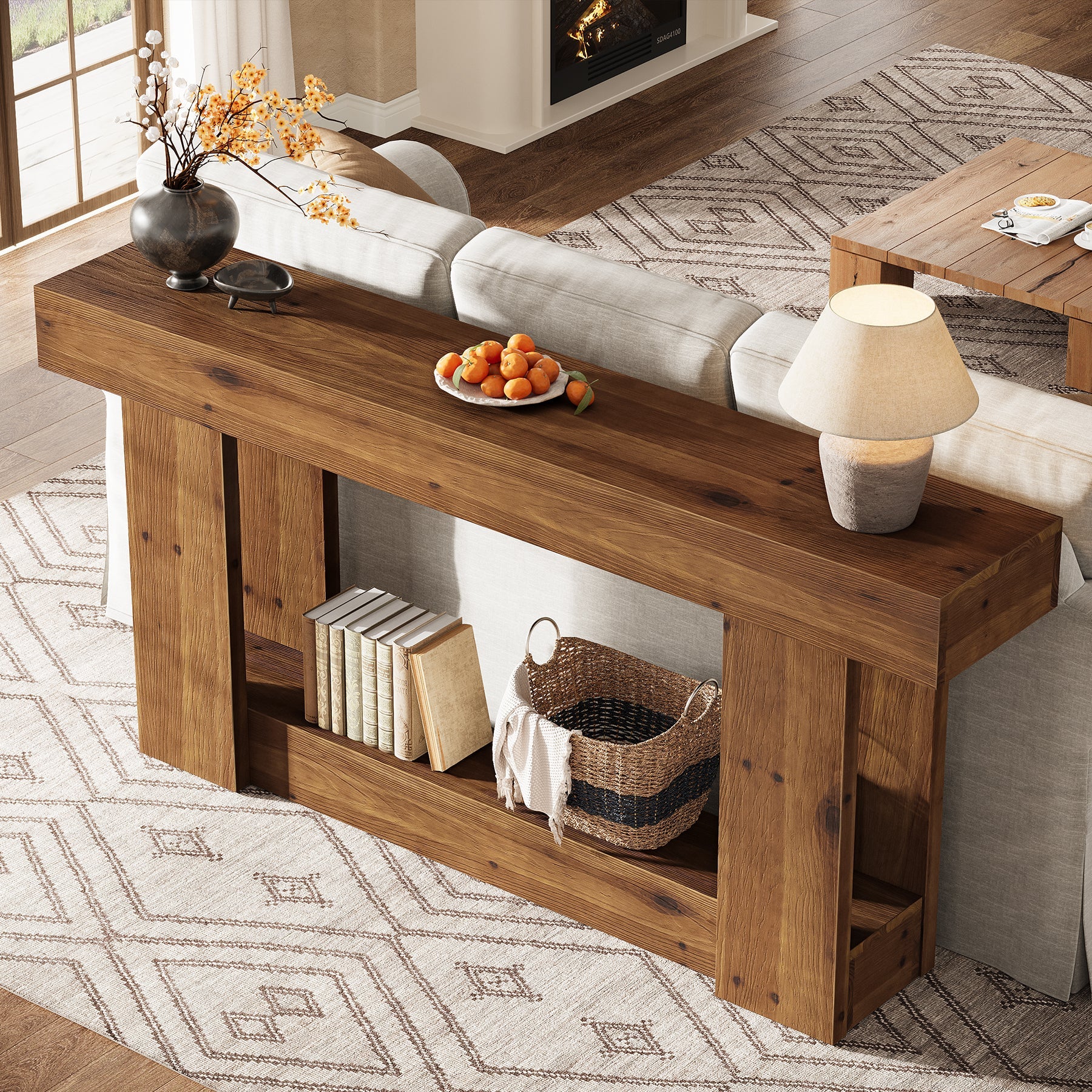 2-Tier Solid Wood Console Table, 63" Entryway Table with U-Shaped Base