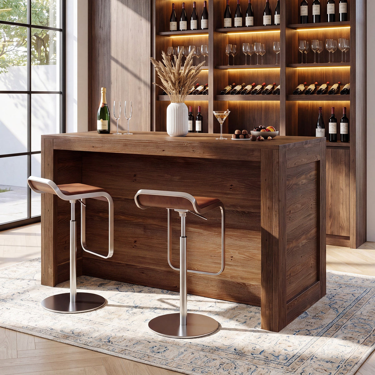 55" Solid Wood Home Bar Table, Farmhouse Counter Height Pub Table with 2-Tier Storage