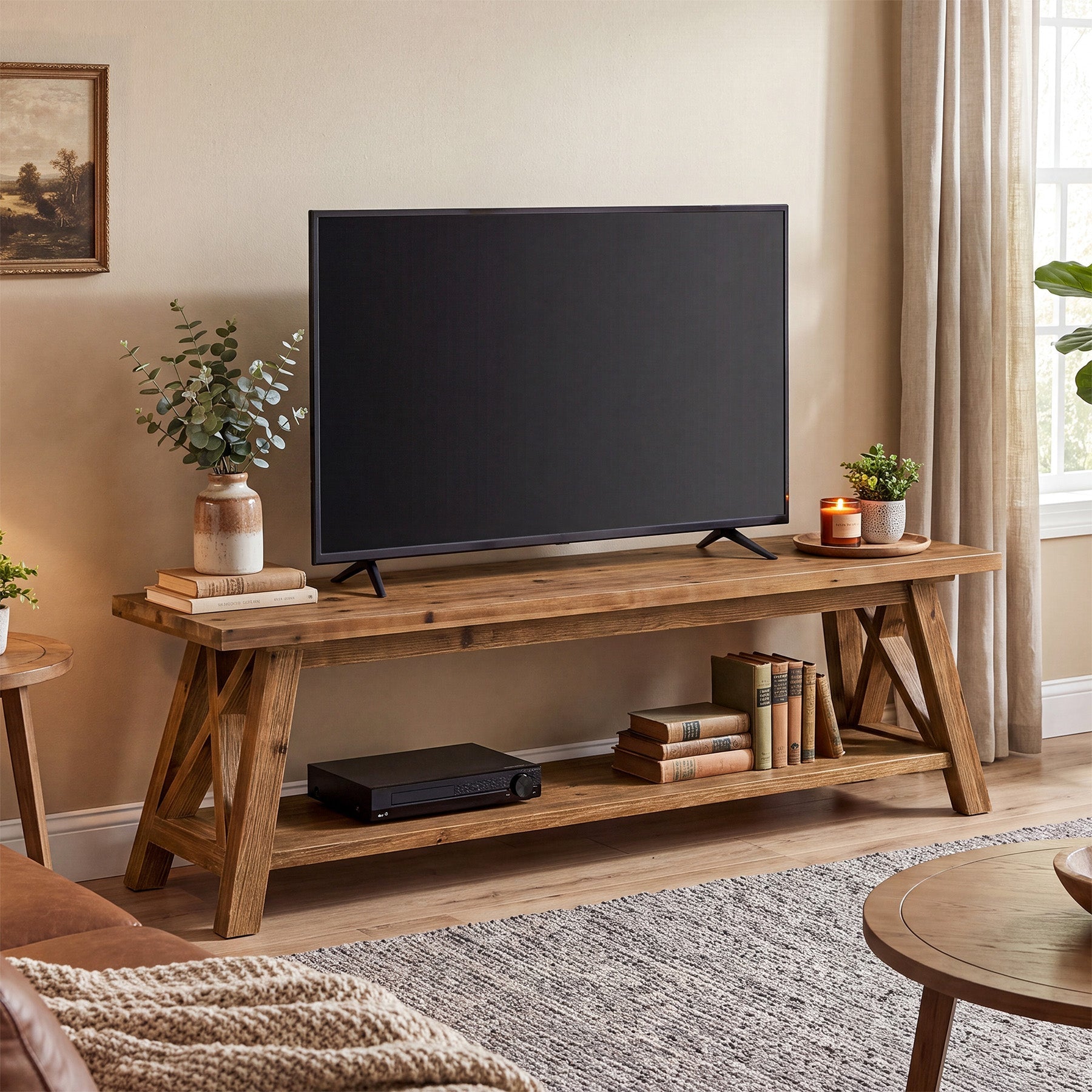 55" Solid Wood TV Stand, Farmhouse Entertainment Center for 55/60/65-Inch TVs