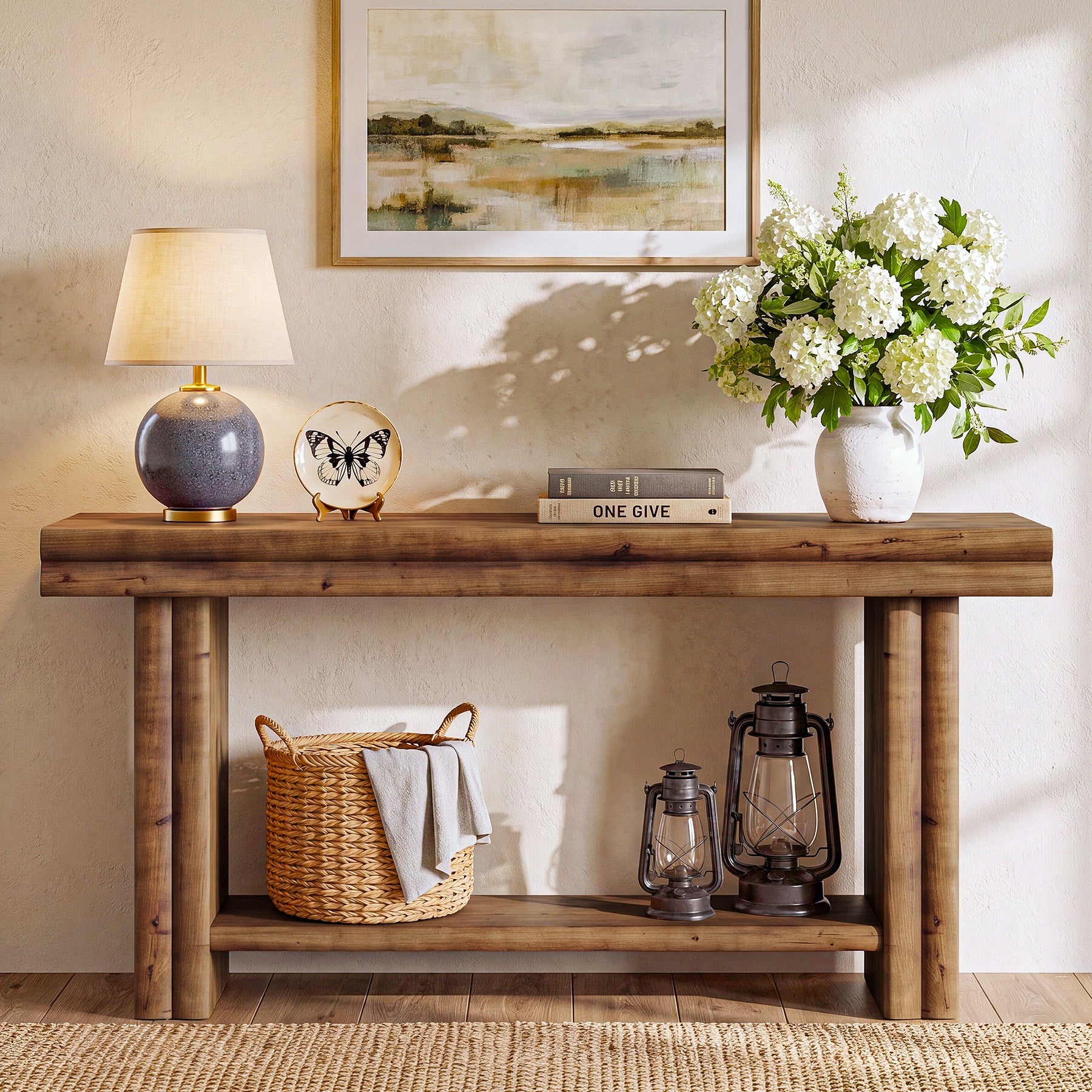 63" Solid Wood Console Table, 2-Tier Farmhouse Entryway Table with Storage Shelf