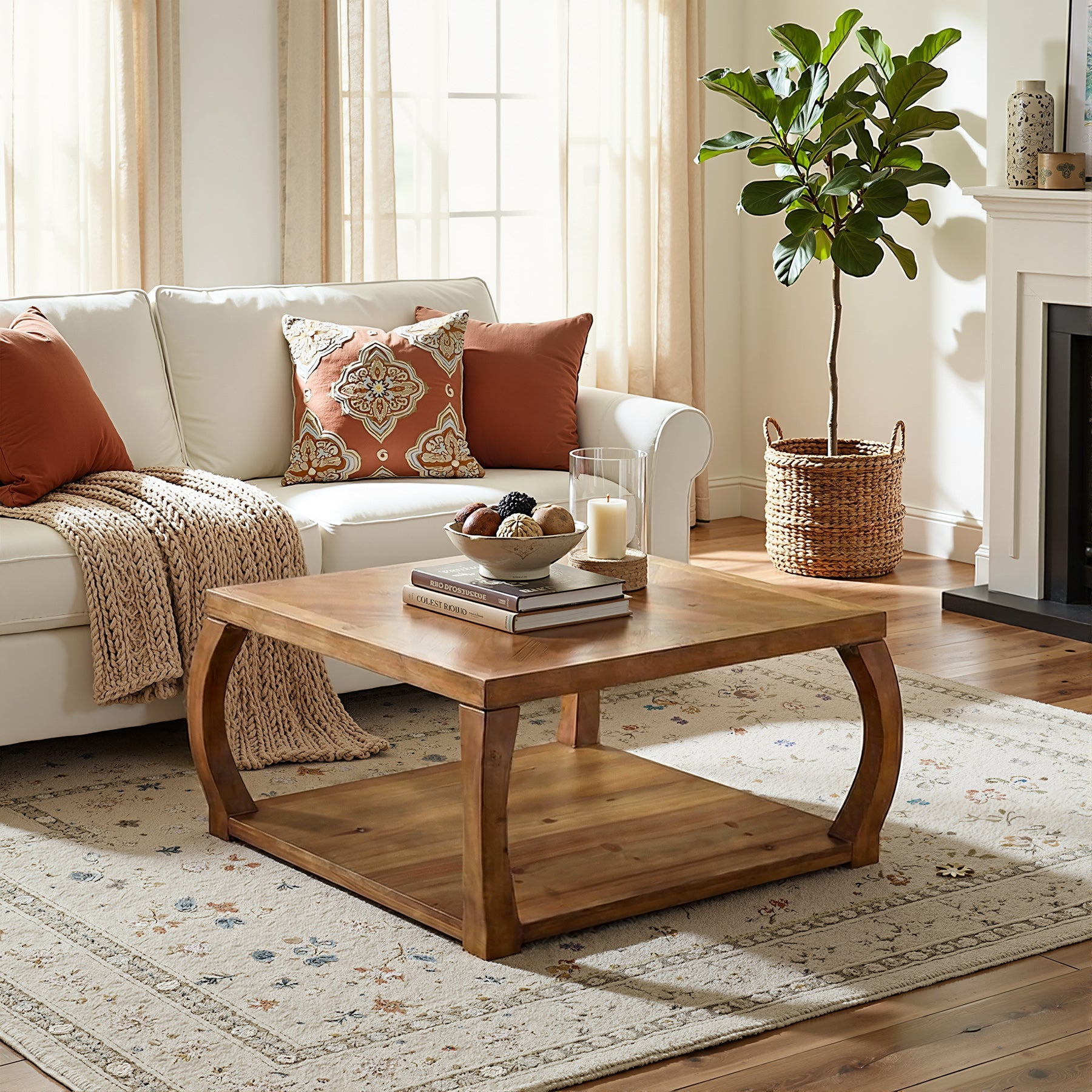 Square Solid Wood Coffee Table, 31.5" Center Table With Storage