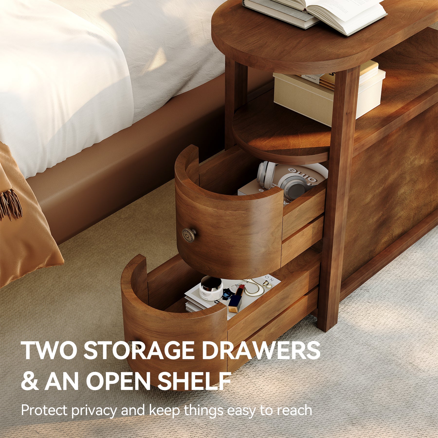 Solid Wood End Table, Slim Side Table with 2 Drawers & Open Shelf