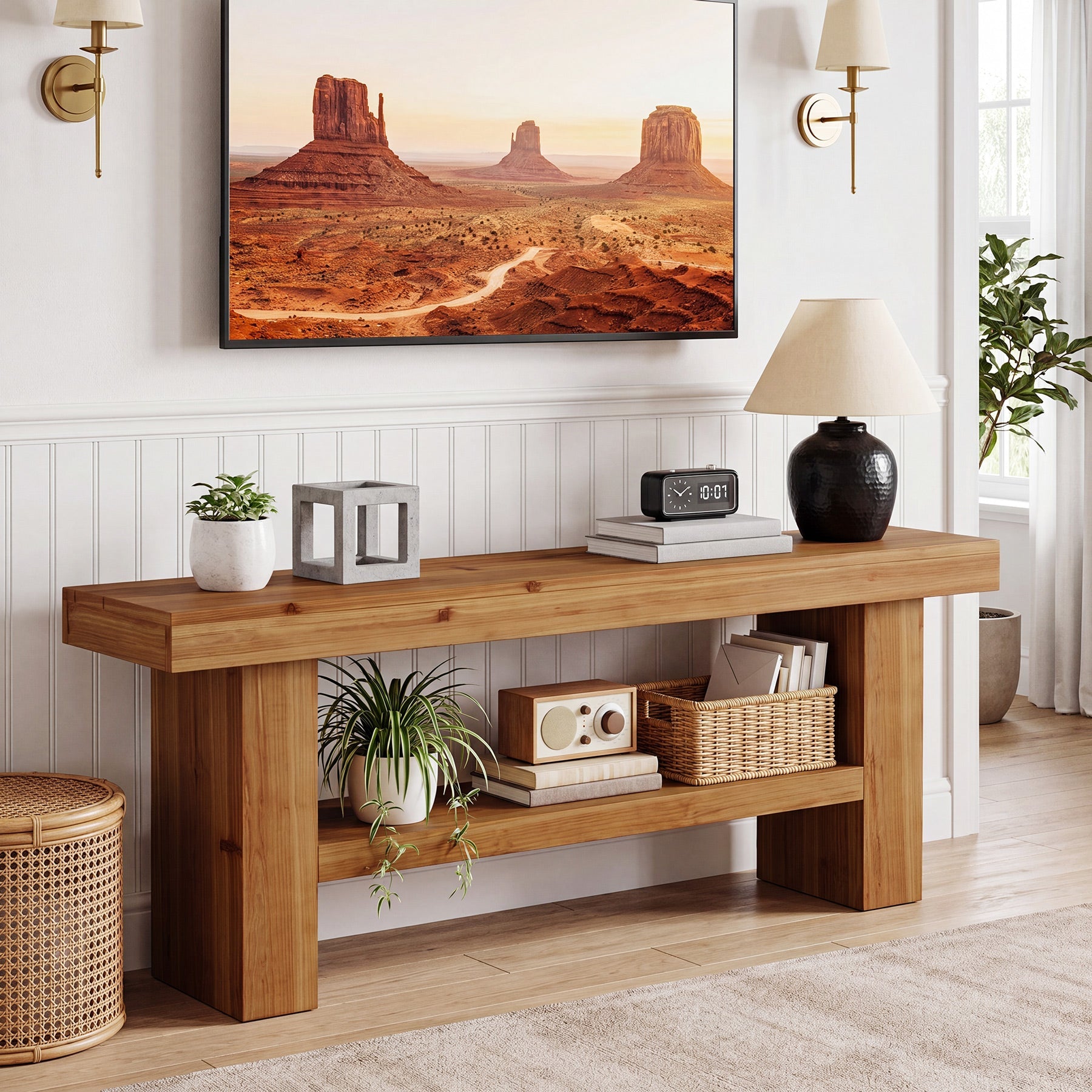 63" Solid Wood TV Stand for TVs up to 75", Entertainment Center with 2-Tier Shelves for Living Room