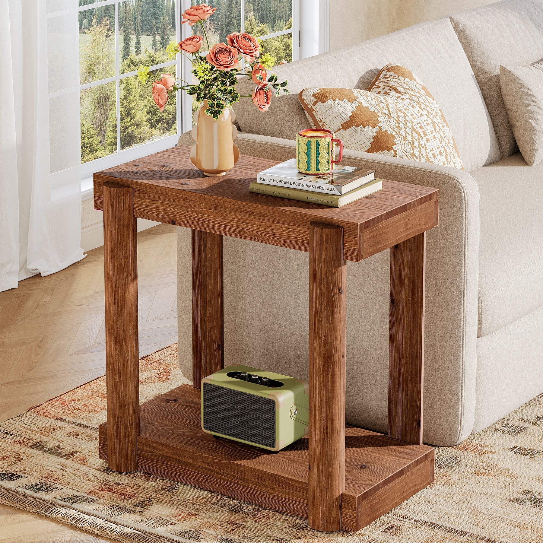 Solid Wood Modern Farmhouse End Table, 2-Tier Storage Shelf Side Table for Small Spaces