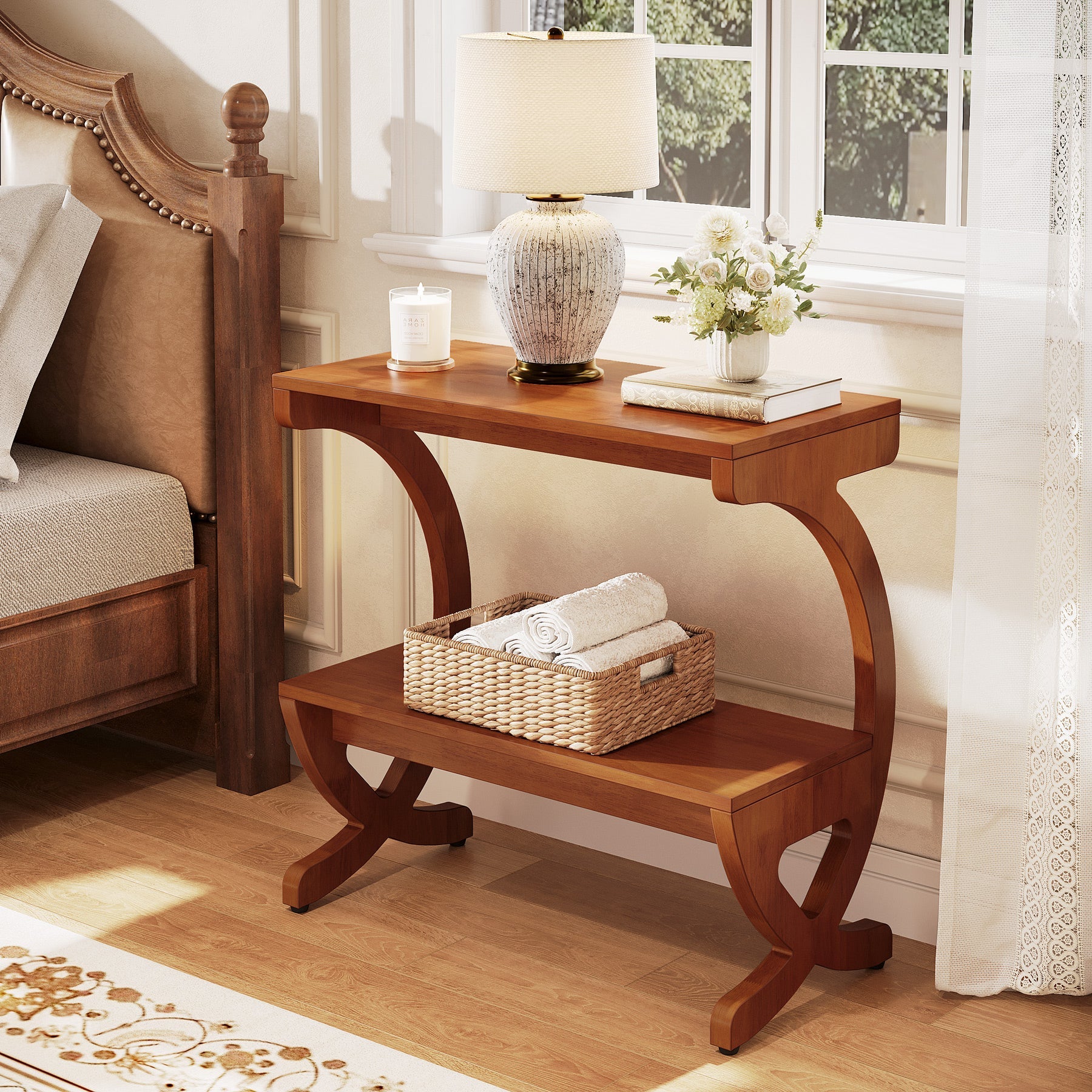 Solid Wood Nightstand, 23.62" Bedside Table with 2-Tier Storage Shelf