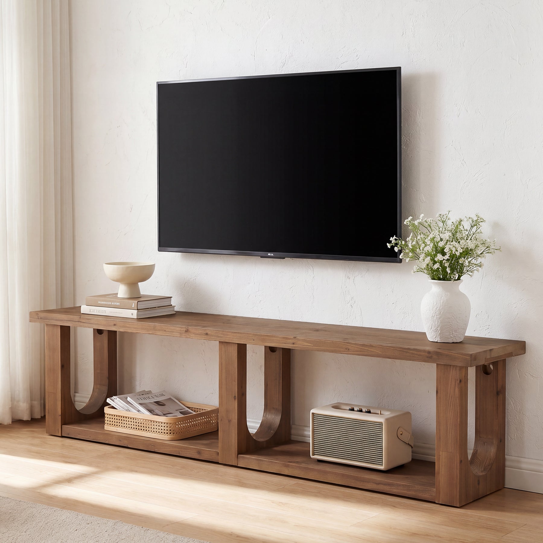70.9" Solid Wood TV Stand for Up to 80" TVs, 2-Tier Entertainment Center for Living Room