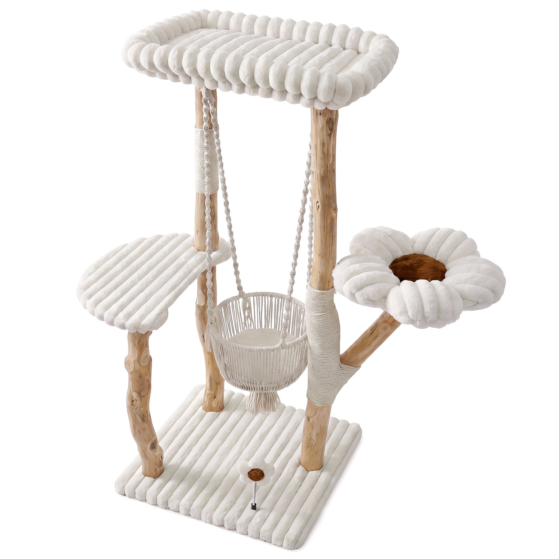 51" Solid Wood Cat Tree with Scratching Posts, Cat Tower with Swinging Basket, Washable Cushion, Dangling Toy
