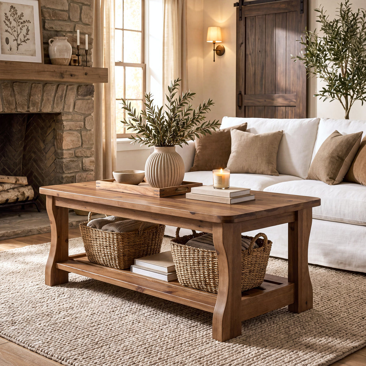 47" Modern Solid Wood Coffee Table, Rectangle 2-Tier Storage Shelf, Center Table, Living Room