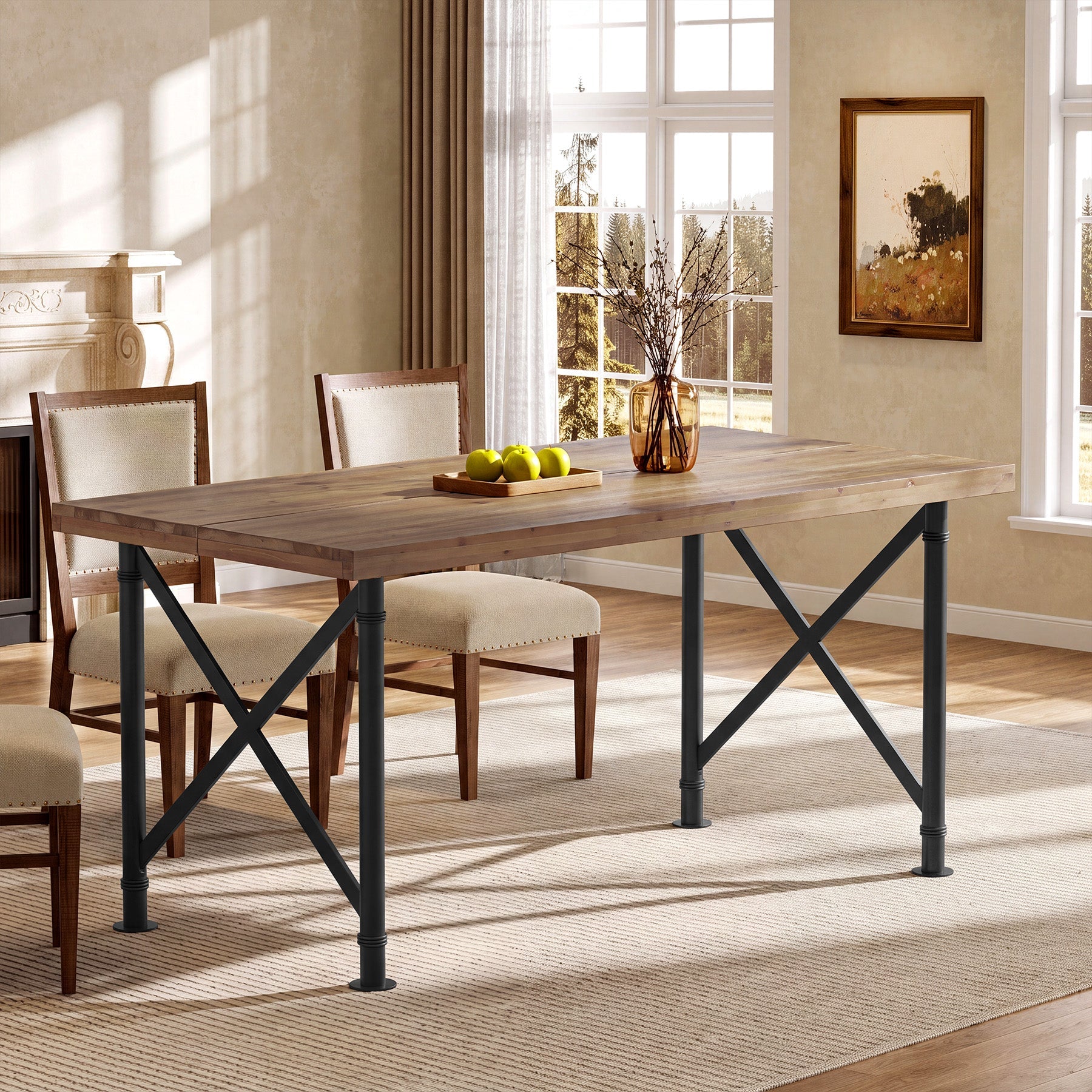 63" Rectangular Dining Table, Solid Wood Kitchen Table with Sturdy X-Shaped Legs for 4-6