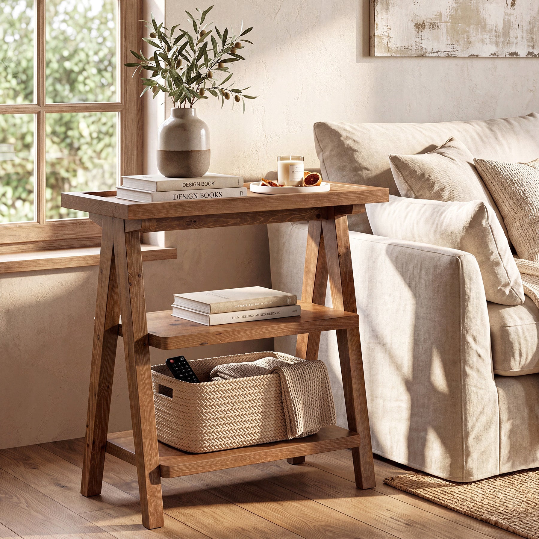 Solid Wood End Table, 3-Tier Side Table Farmhouse Accent Table for Small Spaces