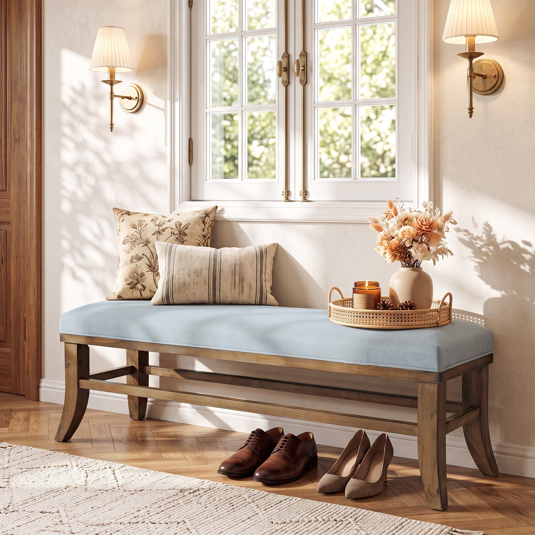 55" Upholstered Entryway Bench, Solid Wood Linen Bedroom Bench for Hallway