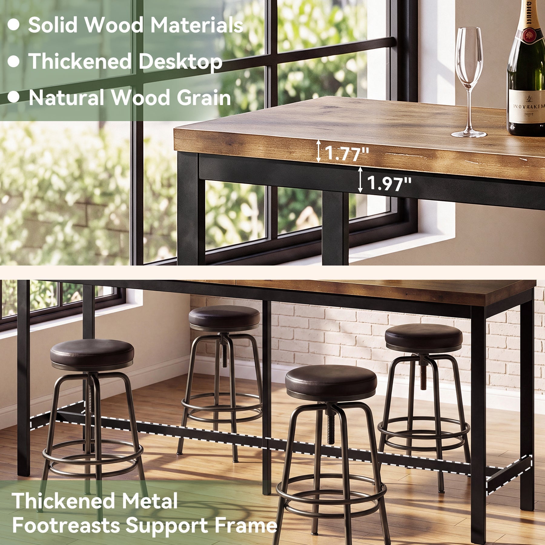 79" Solid Wood Bar Table, Rectangular High Top Table with Metal Footrest for Home Kitchen