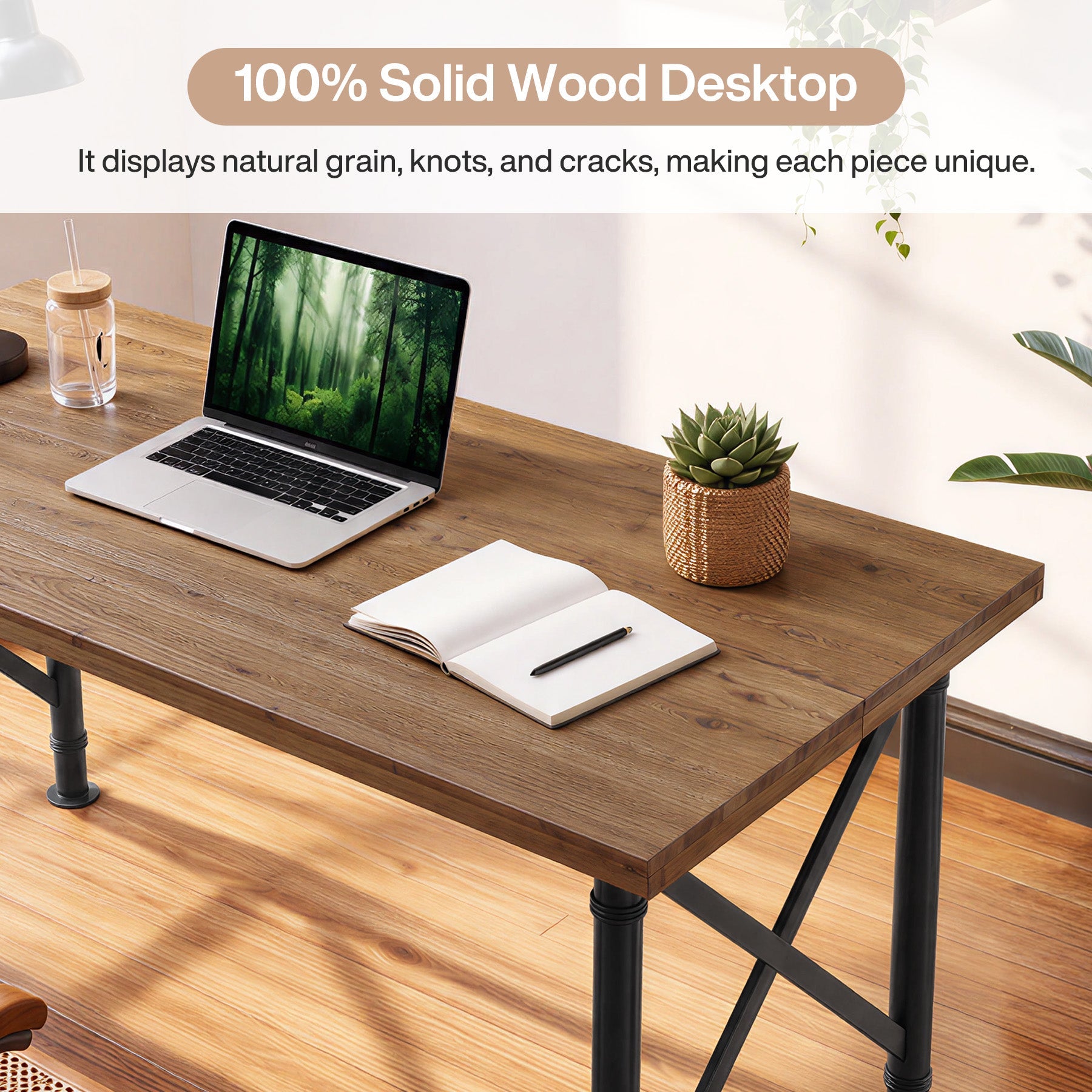 63" Solid Wood Executive Desk, Industrial Home Office Computer Desk