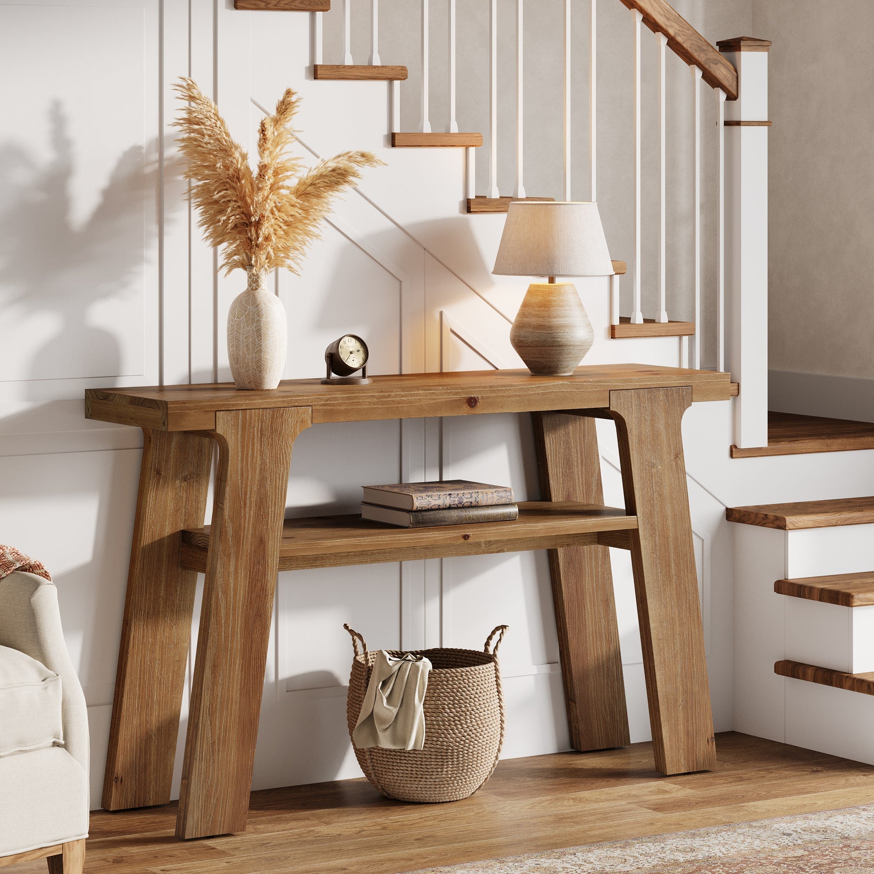Solid Wood Console Table, 47" Farmhouse Small Sofa Table with 2-Tier Storage