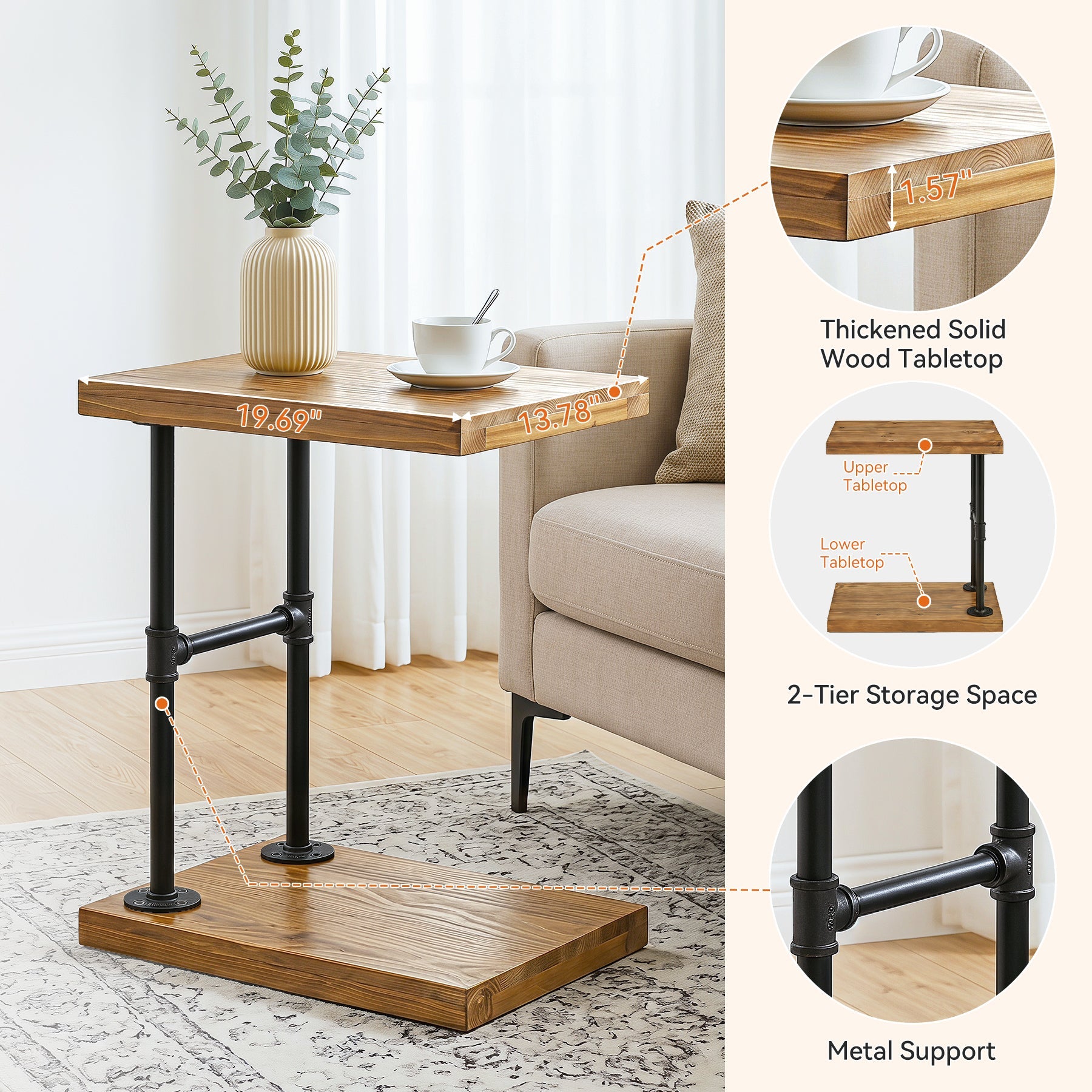 19.7" Solid Wood End Table, 2-Tier Storage Table