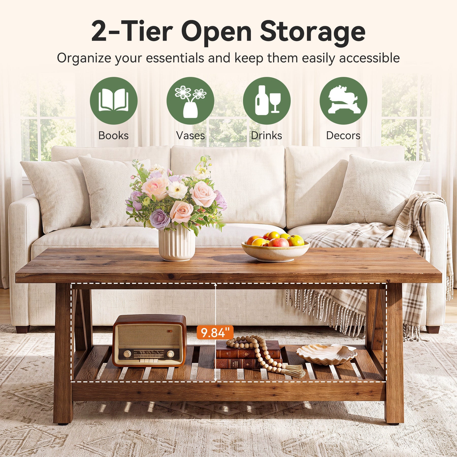 47.24" Farmhouse Solid Wood Coffee Table, Rectangle Center Table with Shelf for Living Room