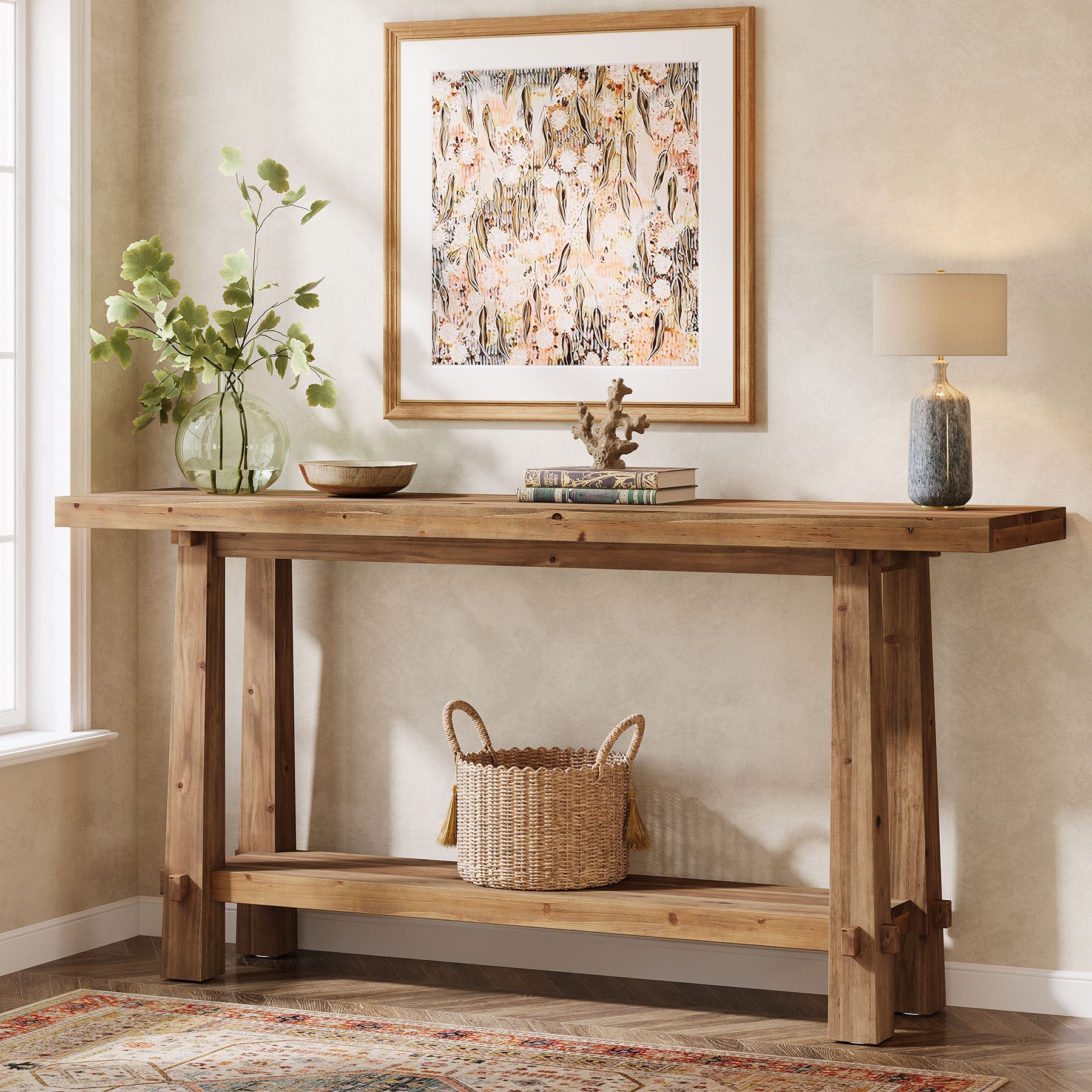 63" Solid Wood Console Table with Shelf, Farmhouse Narrow Entryway & Sofa Table for Hallway or Behind Couch