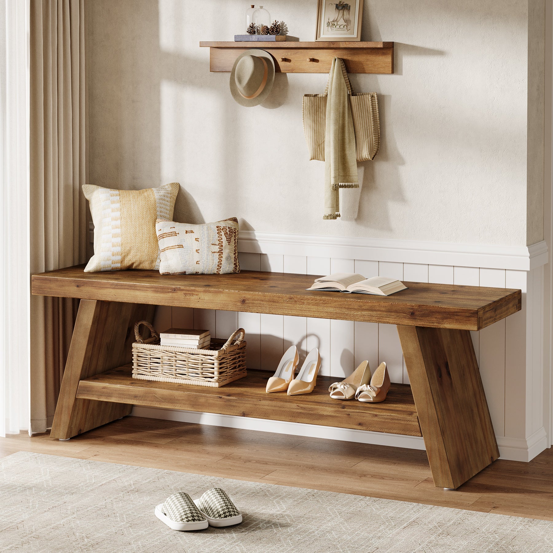 2 - Tier Entryway Bench, Solid Wood Shoe Bench with Open Shelves Tribesigns