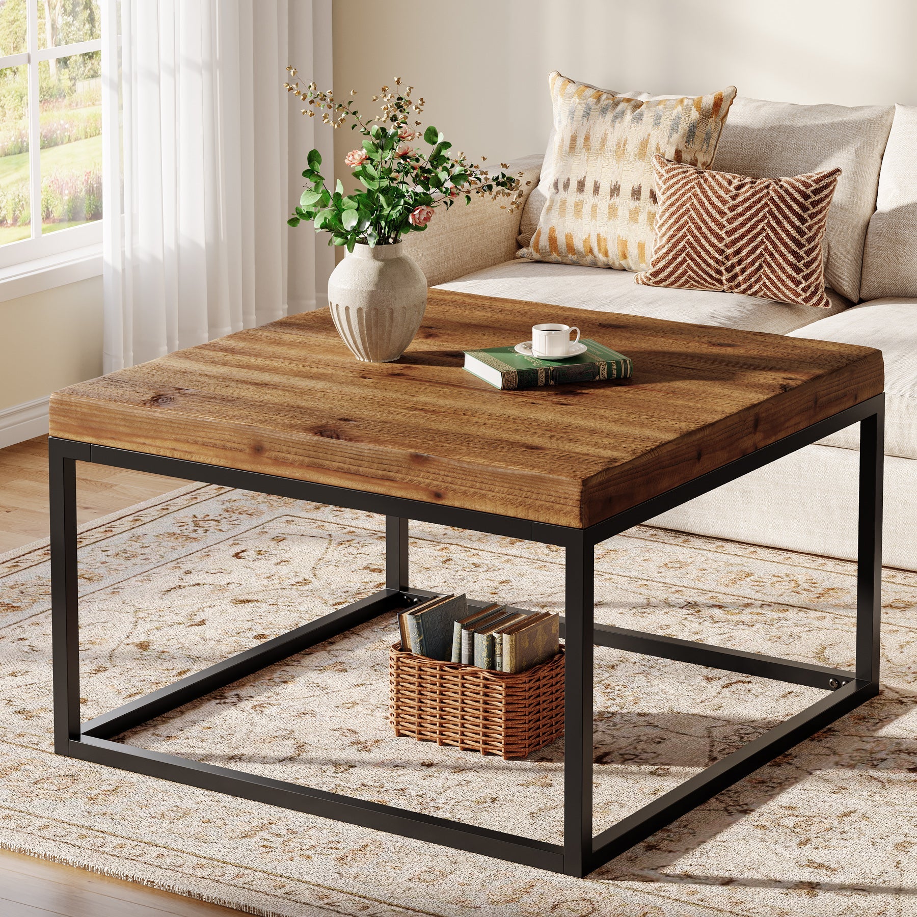 Square Solid Wood Coffee Table, 31.5" Farmhouse Center Table with Metal Frame