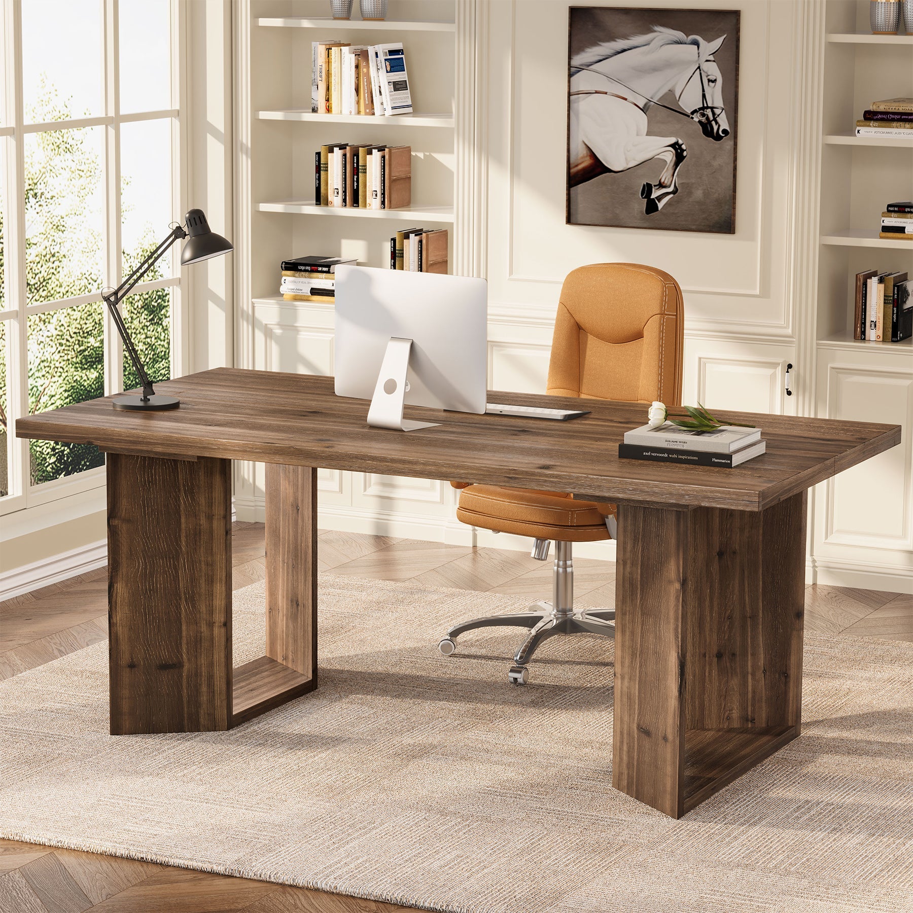 63" Solid Wood Executive Desk, Rectangular Office Computer Desk with U-Shaped Frames