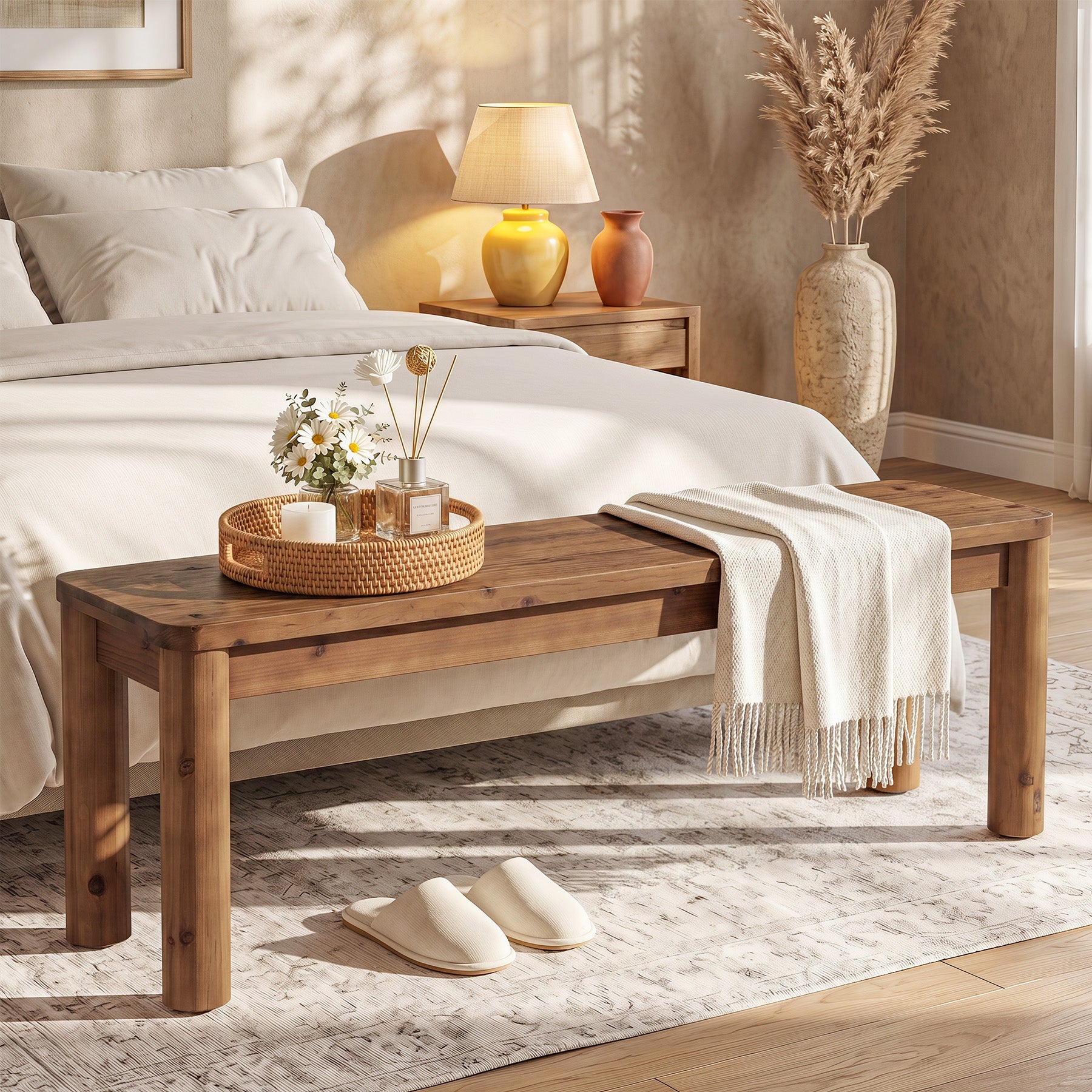 55" Solid Wood Entryway Bench, Farmhouse Wooden Bench for End of Bed, Hallway & Dining Room