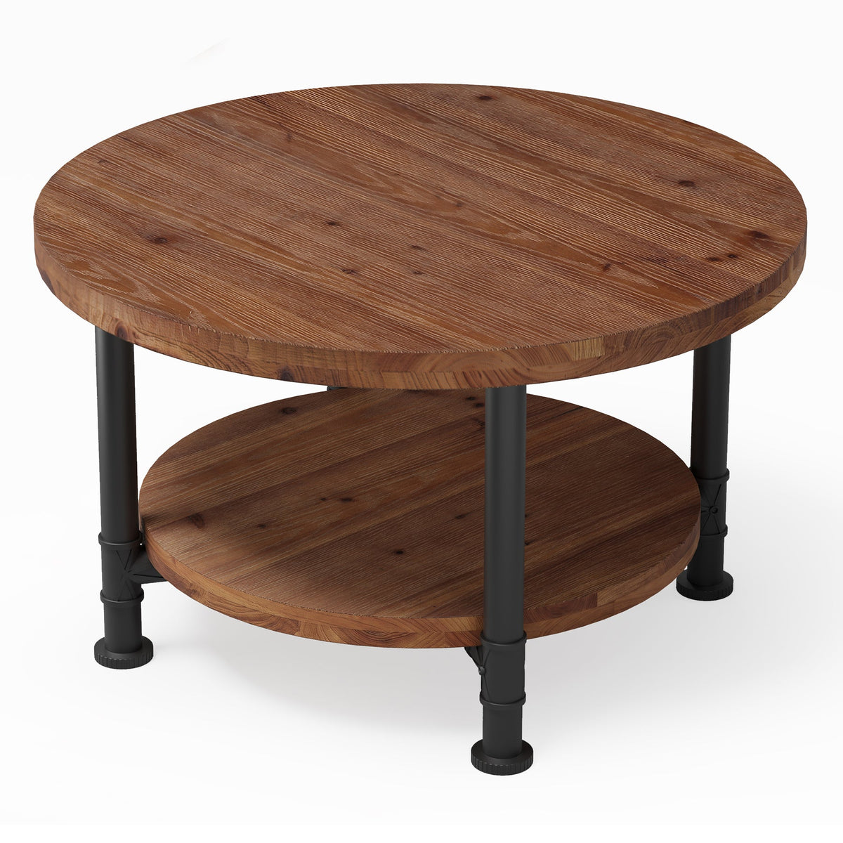 Solid Wood Round Coffee Table, 31.5" Circle Center Table with Storage Shelf & Metal Frame