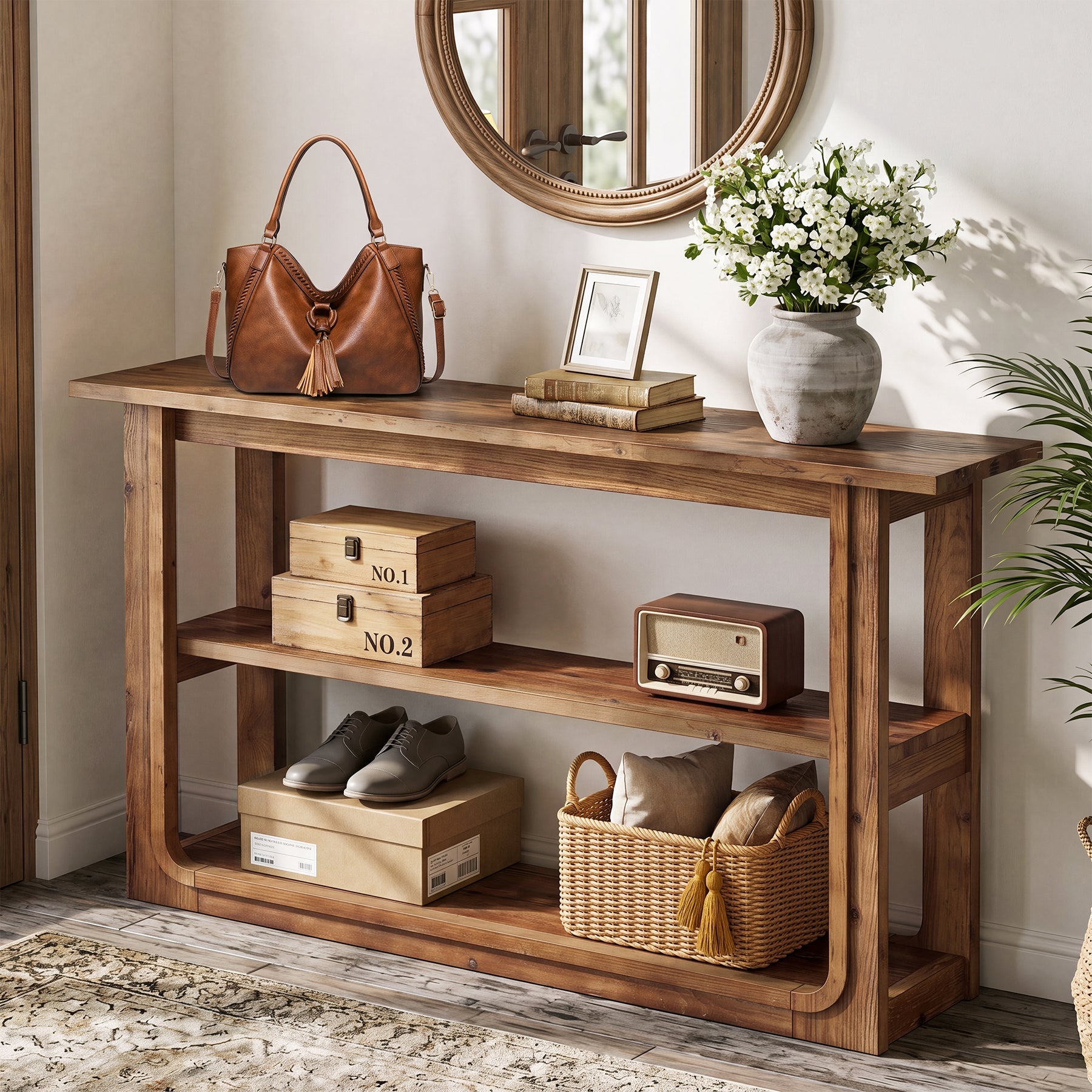 55" Solid Wood Console Table, 3-Tier Farmhouse Accent Sofa Table for Entryway