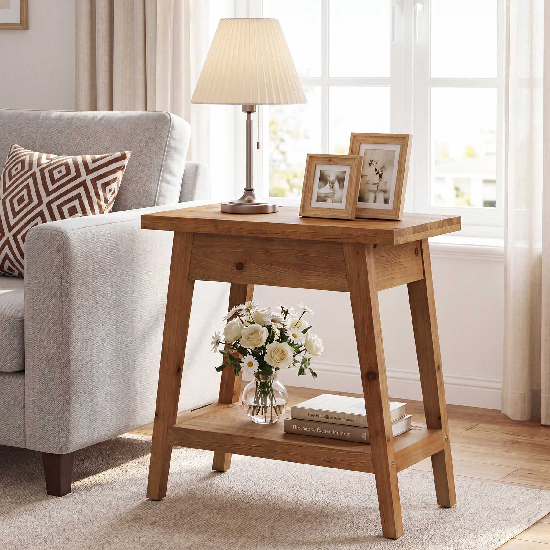 2-Tier Solid Wood End Table, Farmhouse Side Table with Storage for Living Room