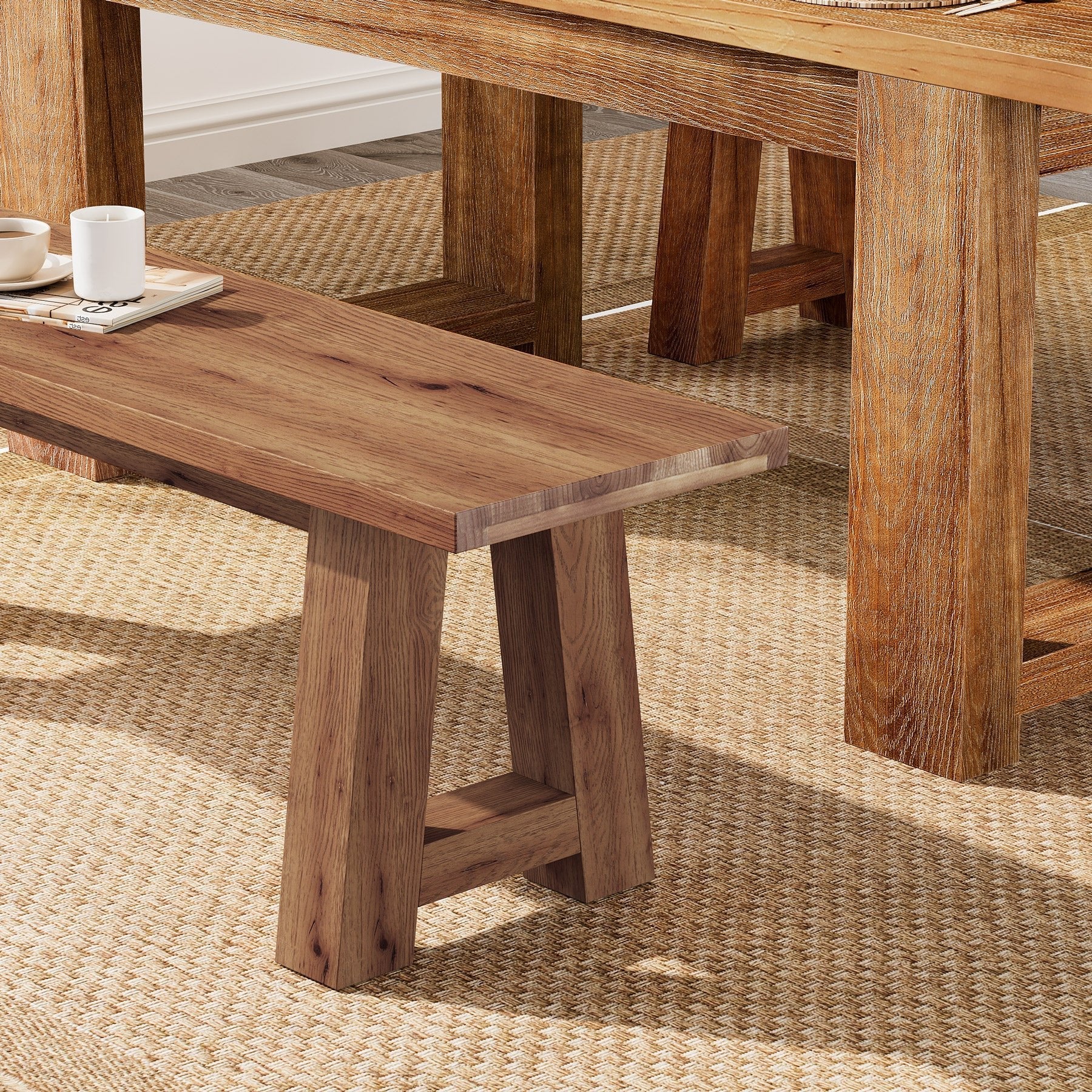 Solid Wood Dining Bench, 55" Entryway Bench with A-Shaped Legs
