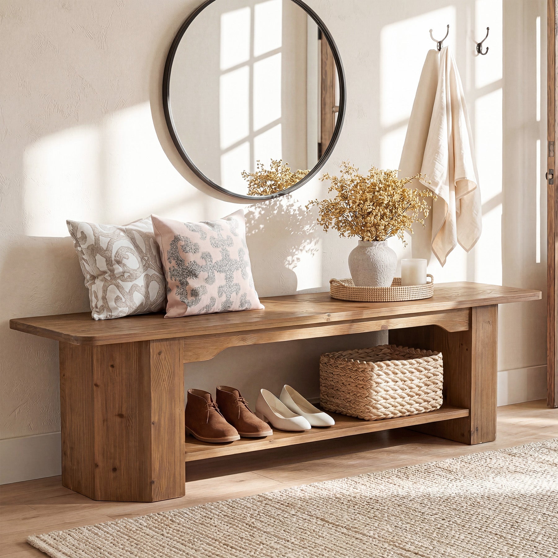 Tribesigns 63" Solid Wood Entryway Bench, Long Shoe Bench for Hallway
